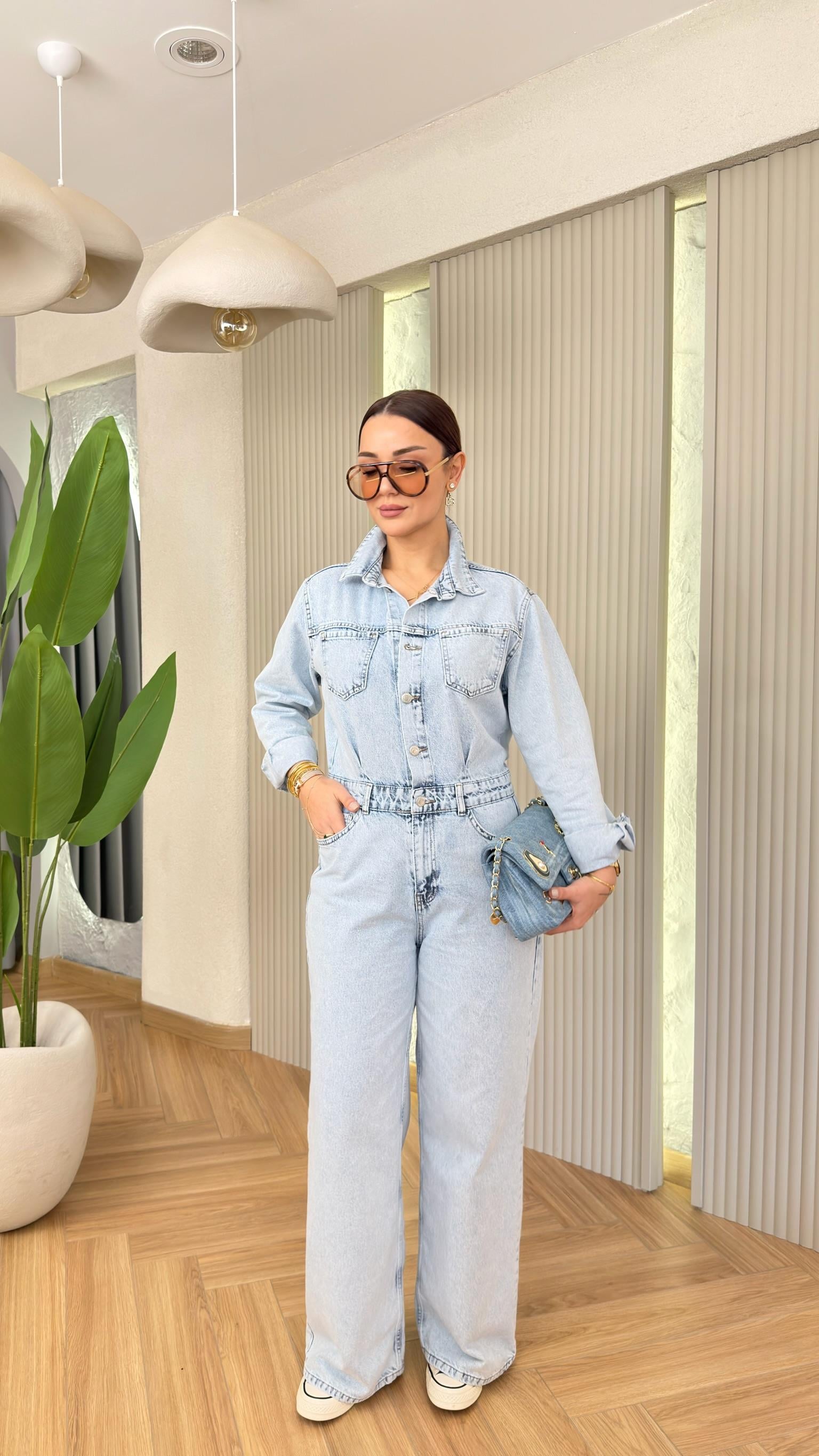 Lumera Düğmeli Buz Mavi Jean Tulum