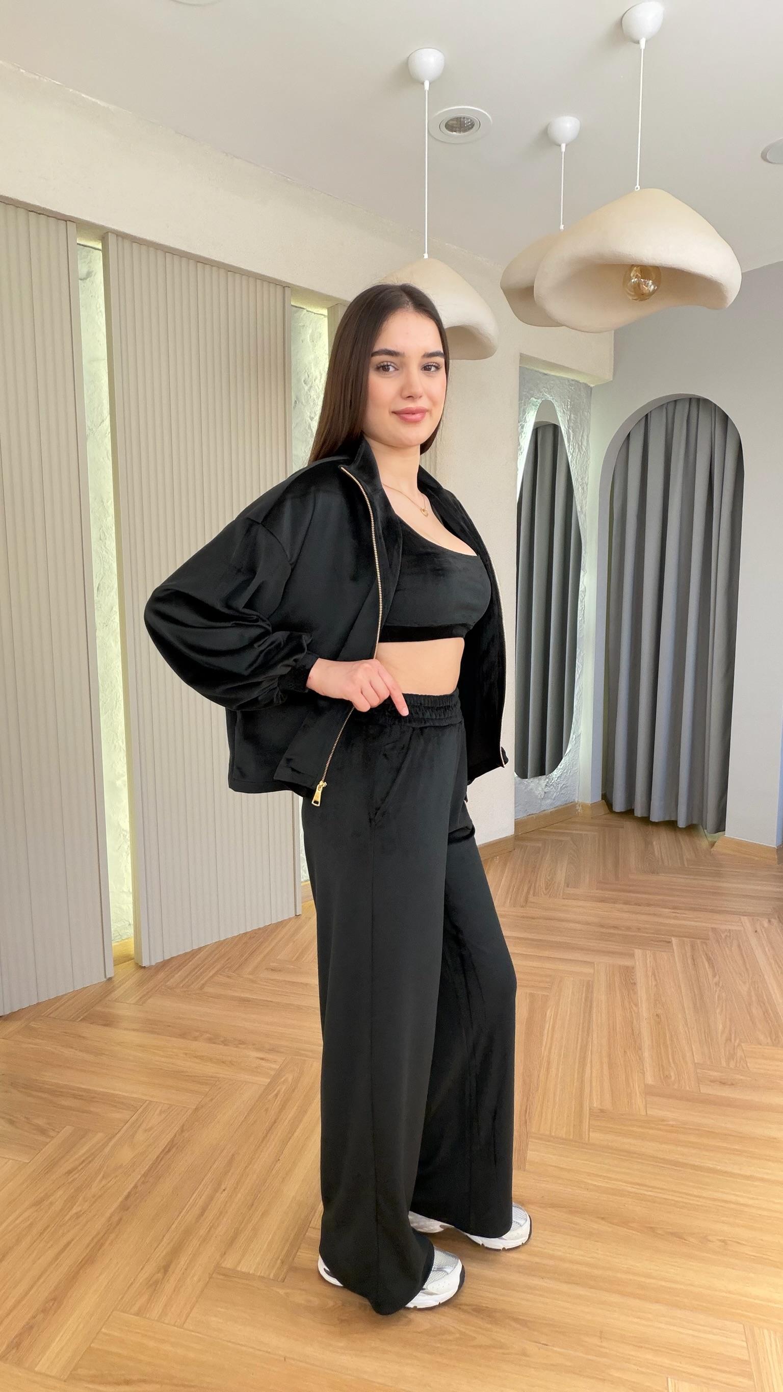 Siyah Tovi Kadife Üçlü Takım