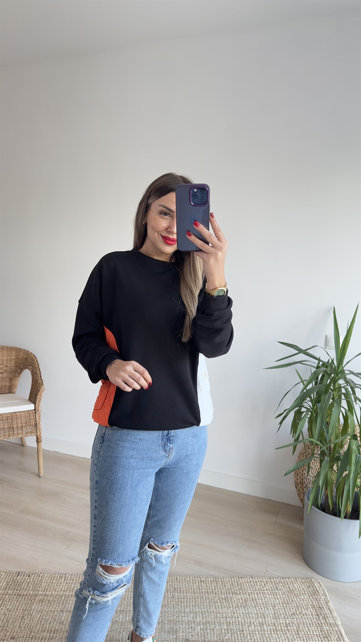 Turuncu Beyaz Kapitoneli Sweat