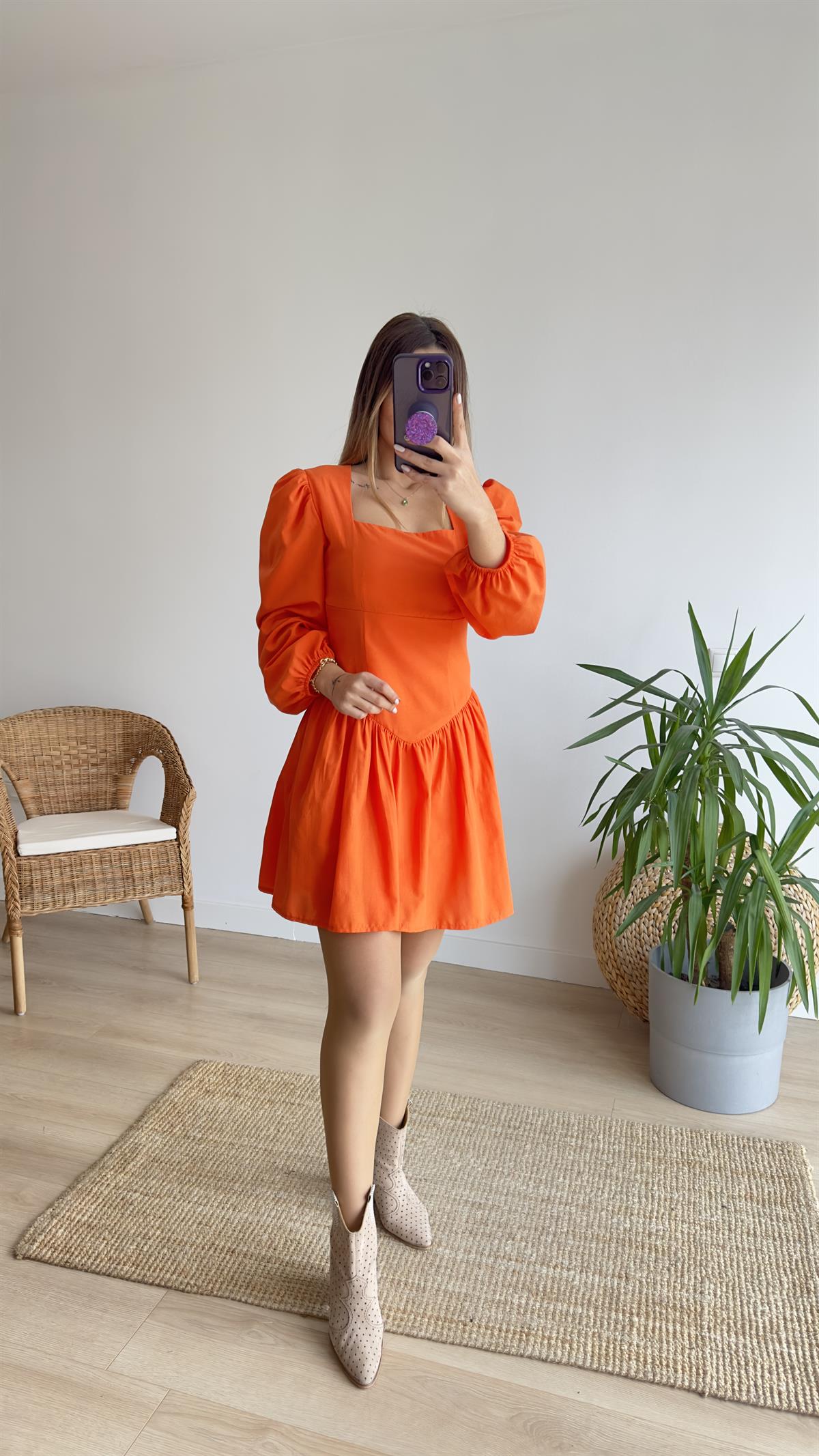 Turuncu Kare Yaka Poplin Elbise