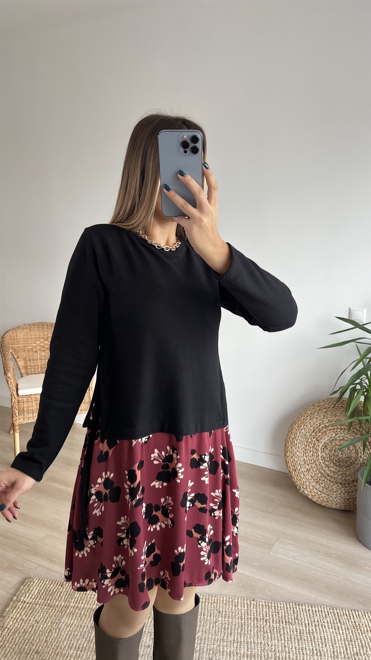 Bordo Saten Detaylı Triko Elbise 