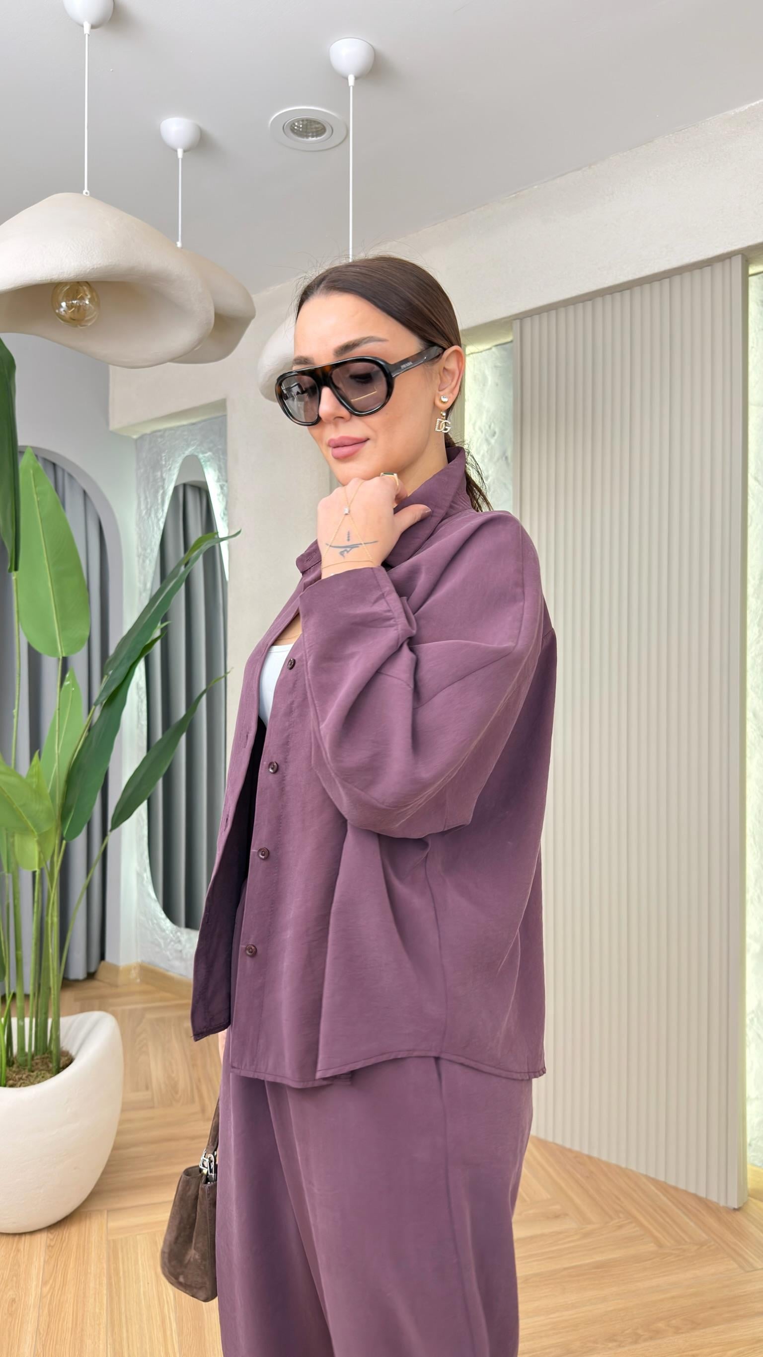 Bordo Odella Tensel Gömlek Pantolon Takım