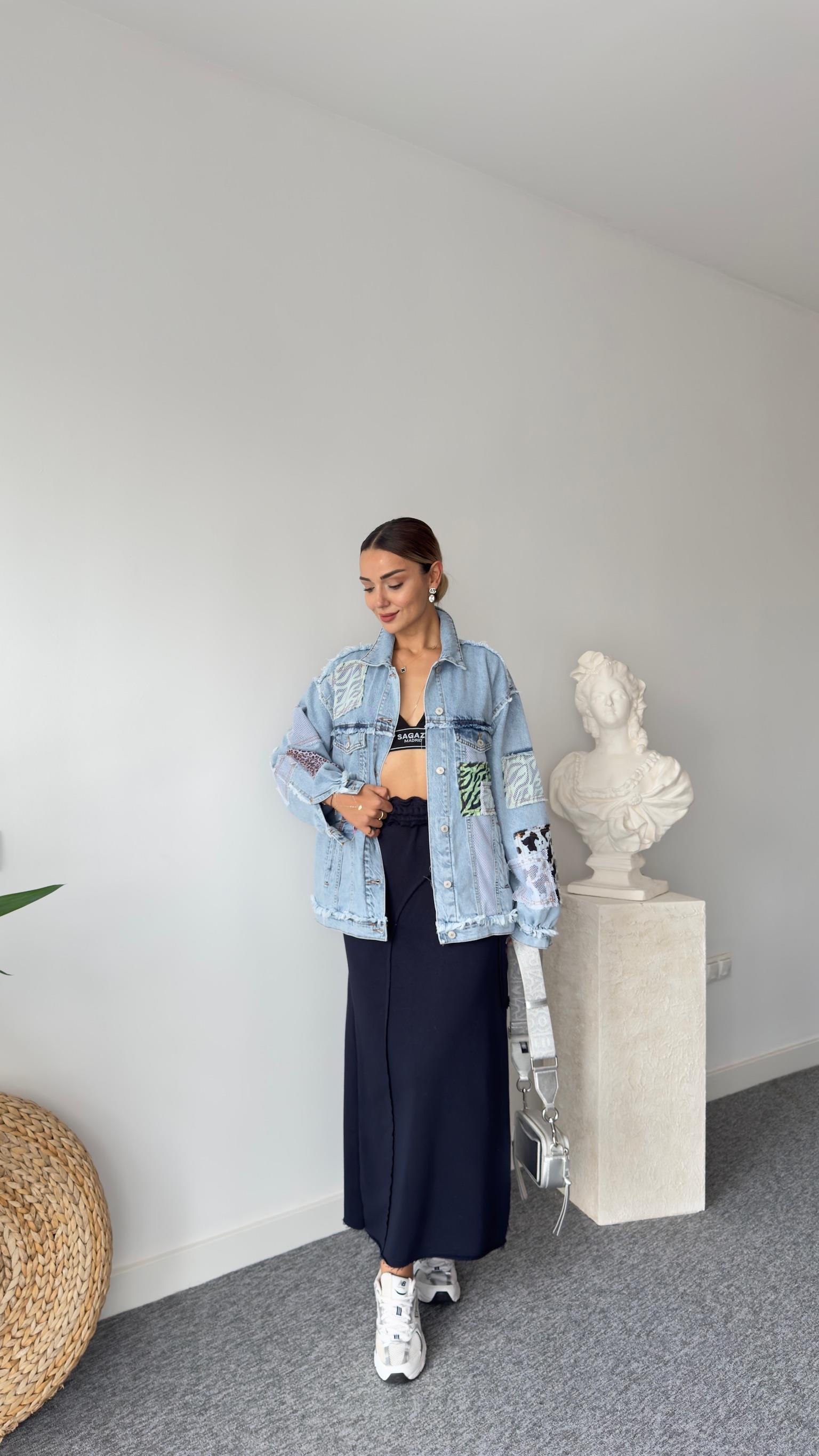Fileli Patchwork Tasarım Jean Ceket