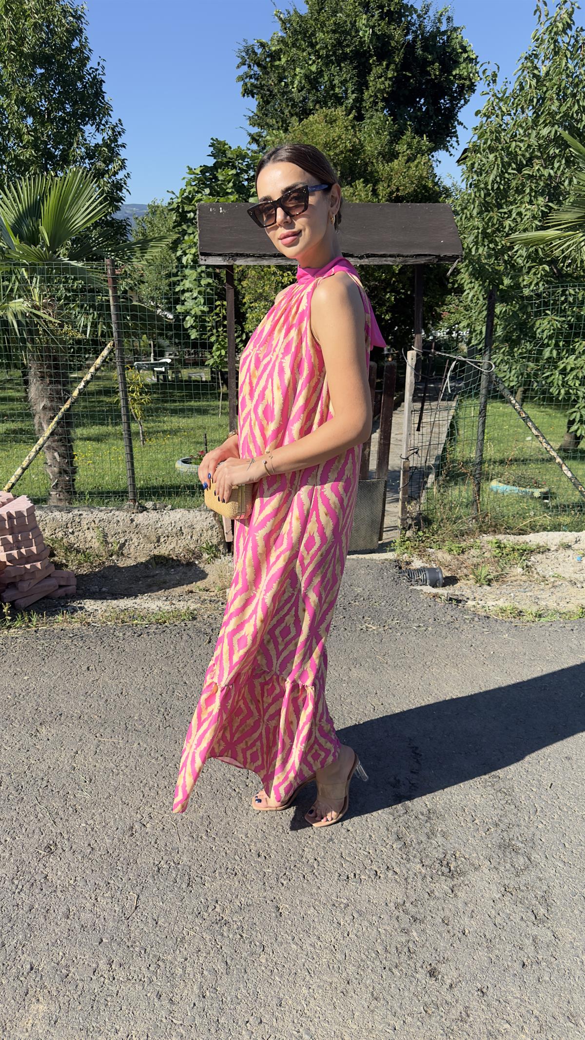 Hakim Yaka Zra Pembe Desenli Elbise