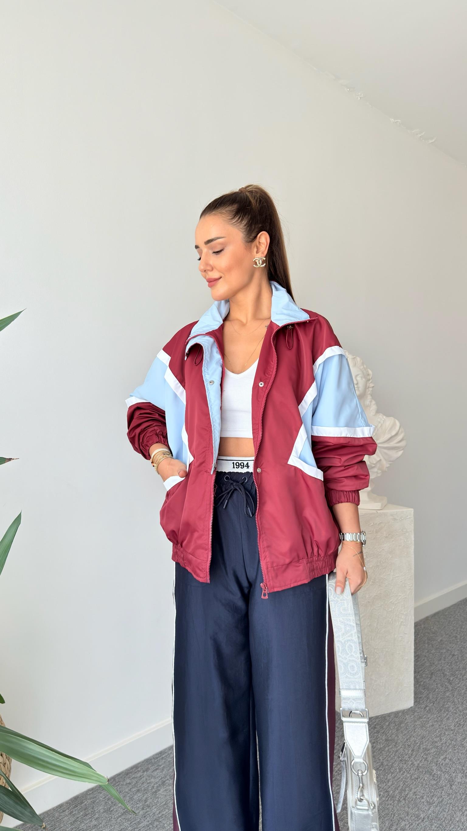 Bordo Ceare Blok Renkli Oversize Ceket
