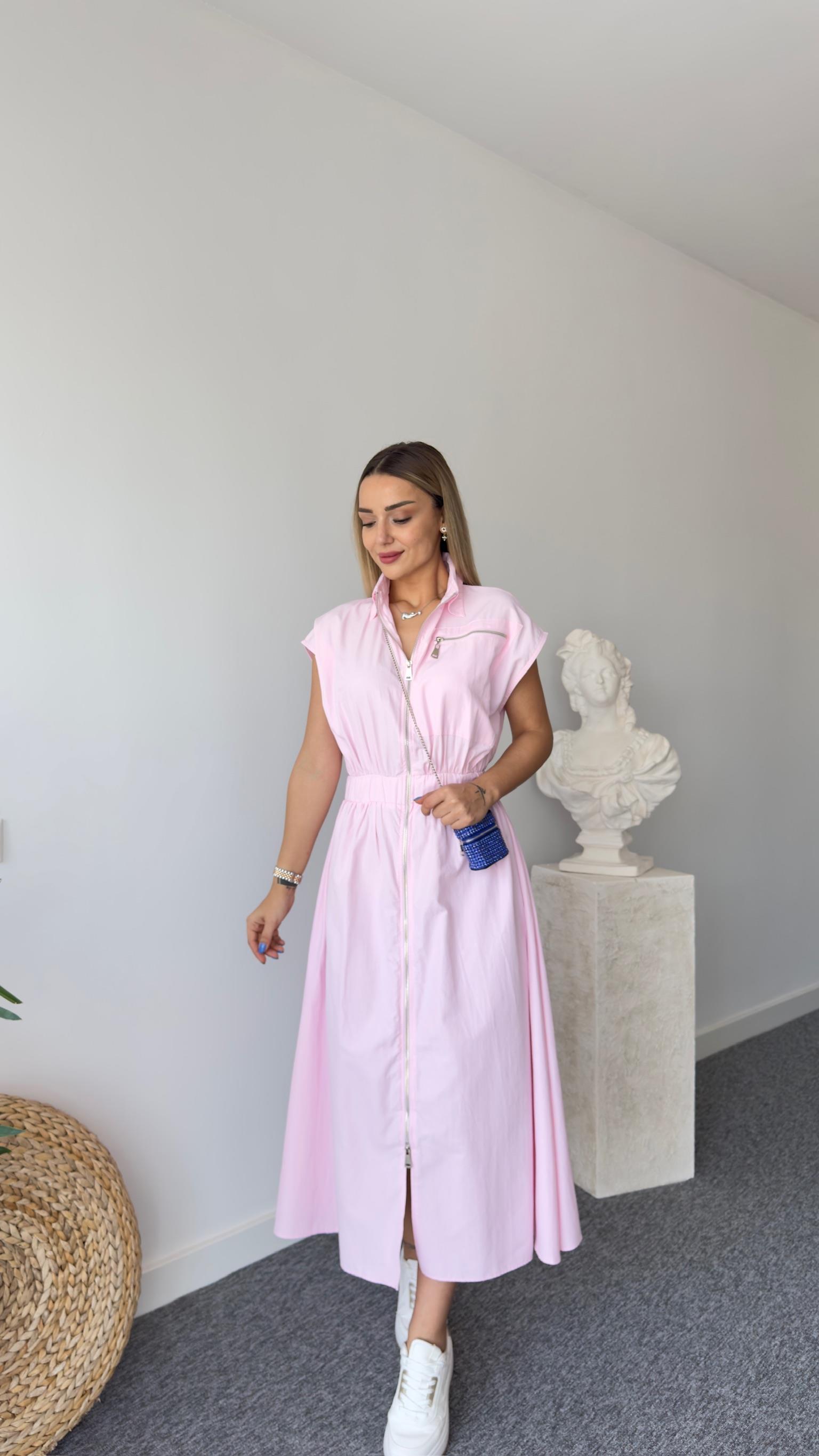 Noche Boydan Fermuarlı Pembe Elbise