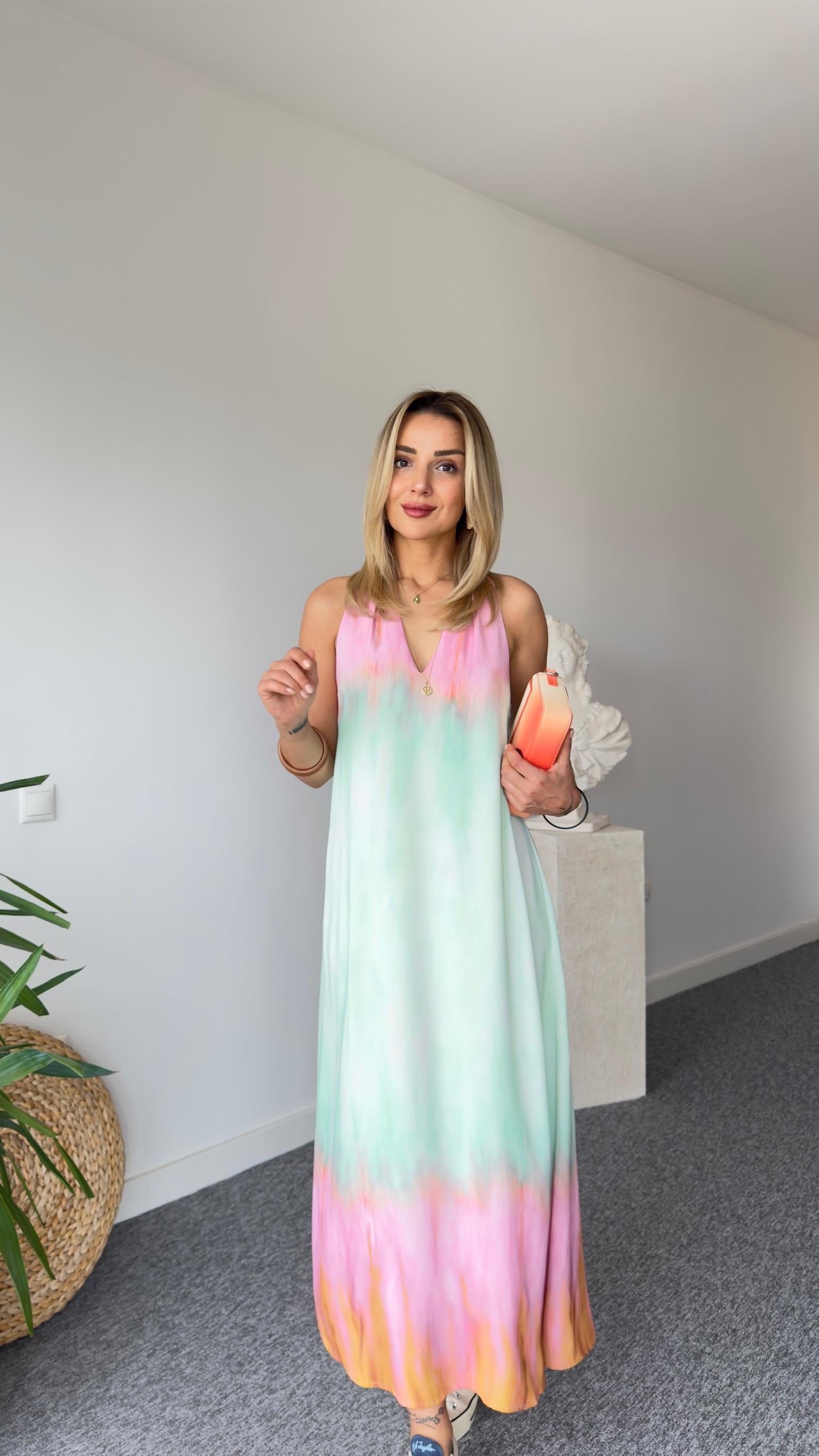 Senta Yeşil Pembe Desenli Elbise 