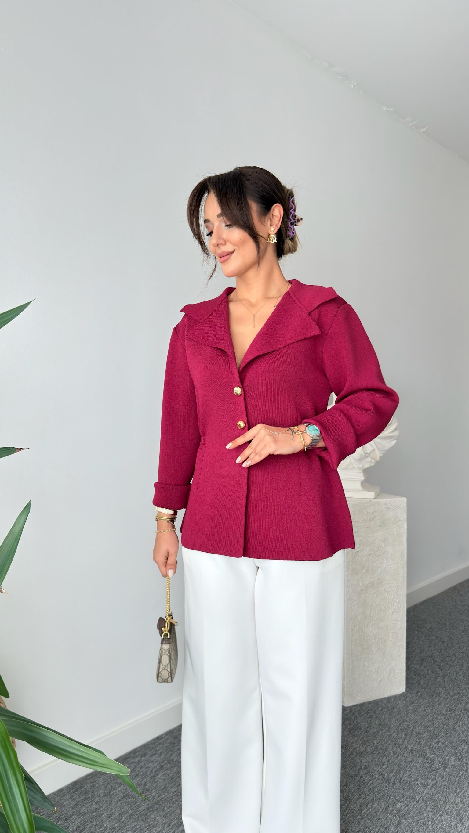 Bordo Lotse Gold Düğme Triko Ceket