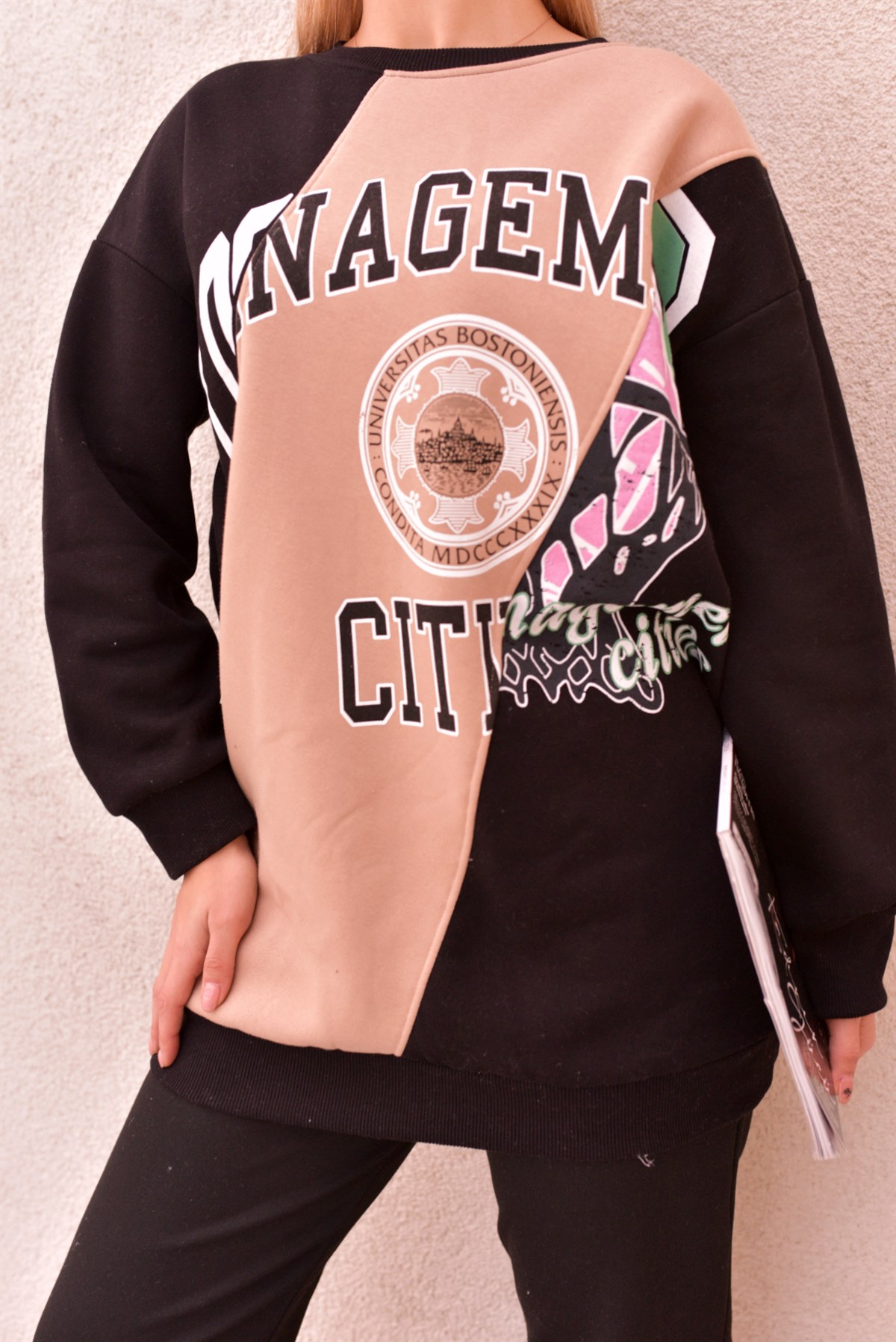 Çift Renk Baskılı Siyah Sweat