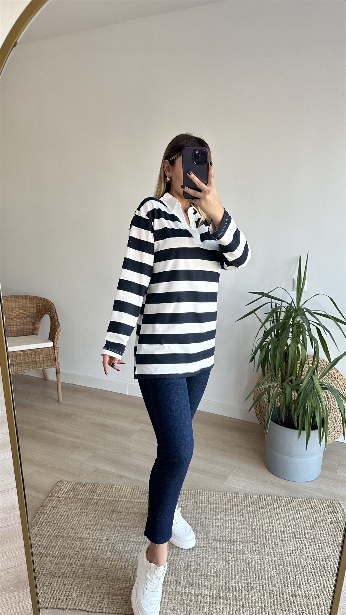 Polo Yaka Kalın Çizgili Basic Sweat