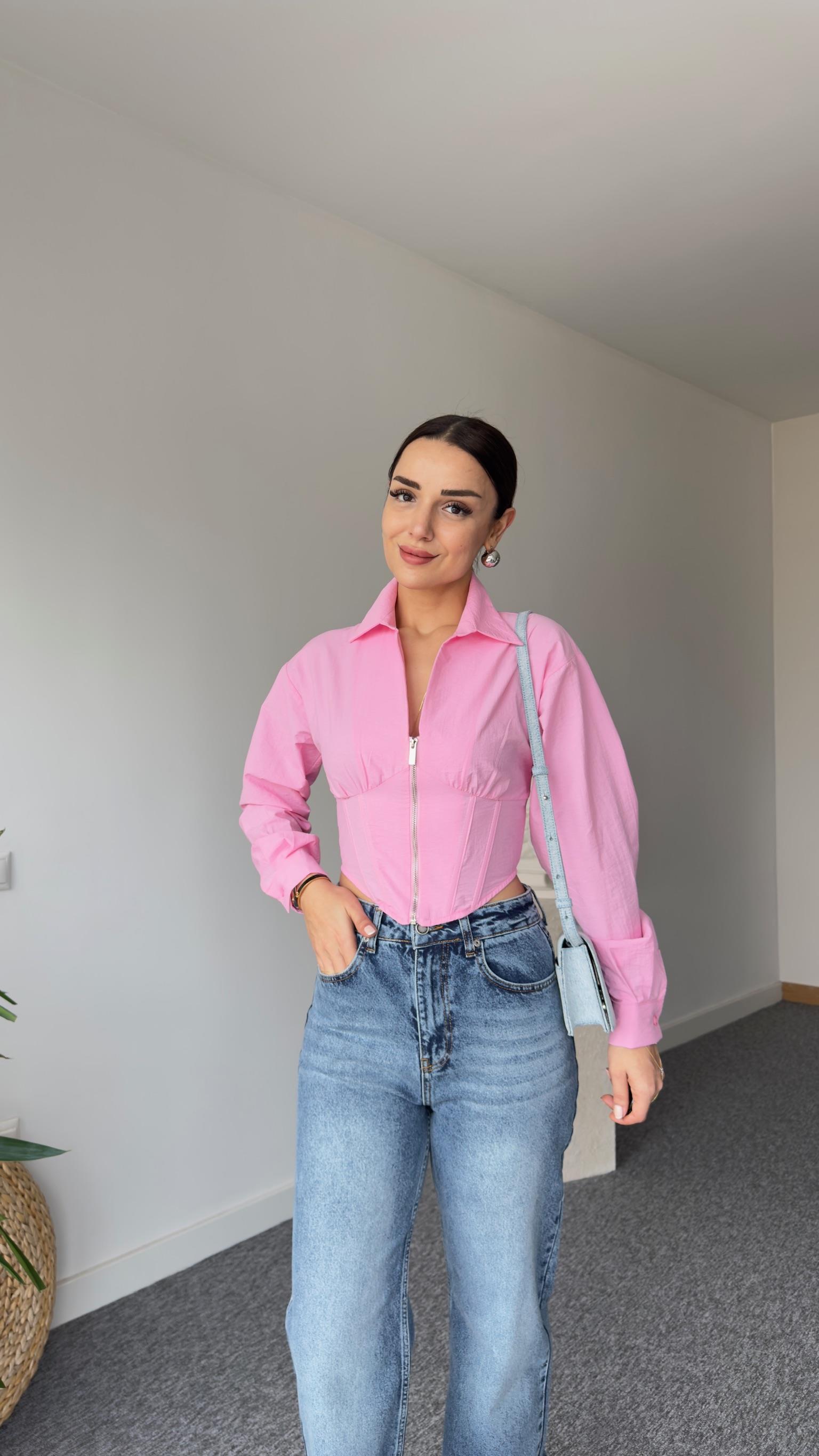 Korse Efektli Orj Model Pembe Gömlek