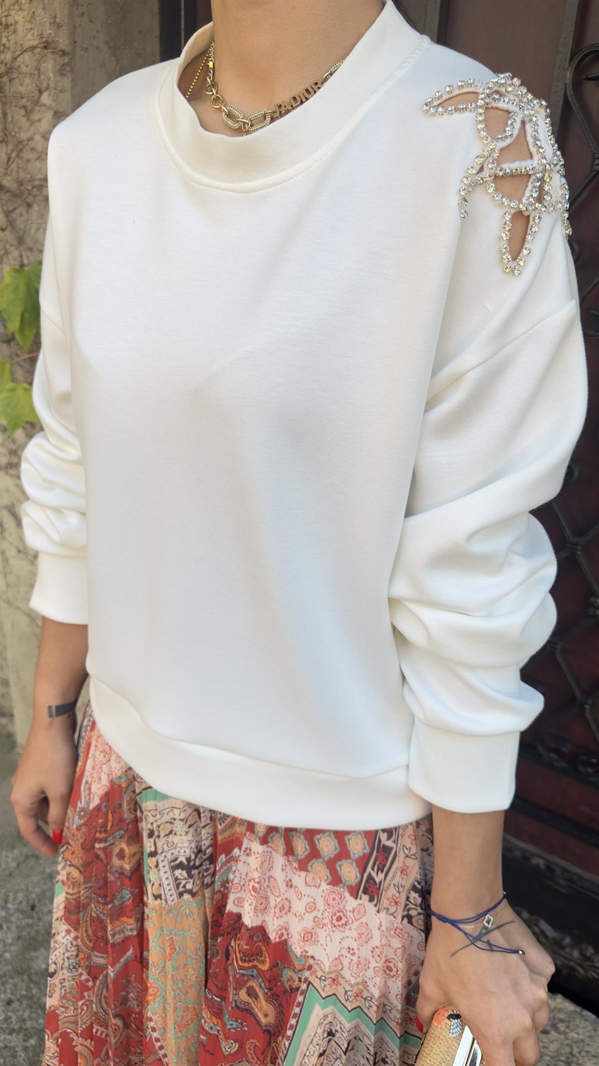 Omuz Detay Orj Model Beyaz Sweat