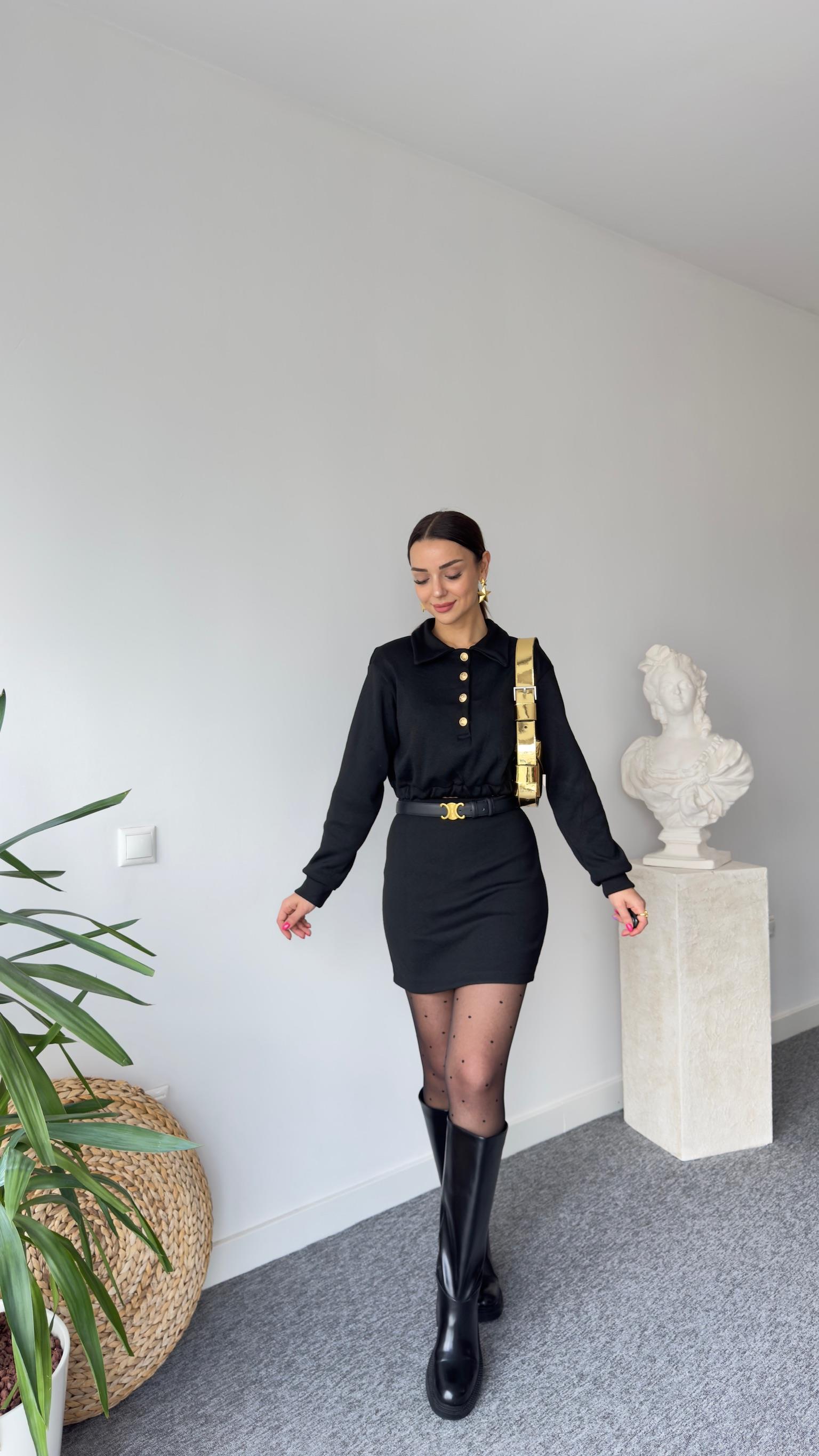 Siyah Gold Düğmeli Triko Takım