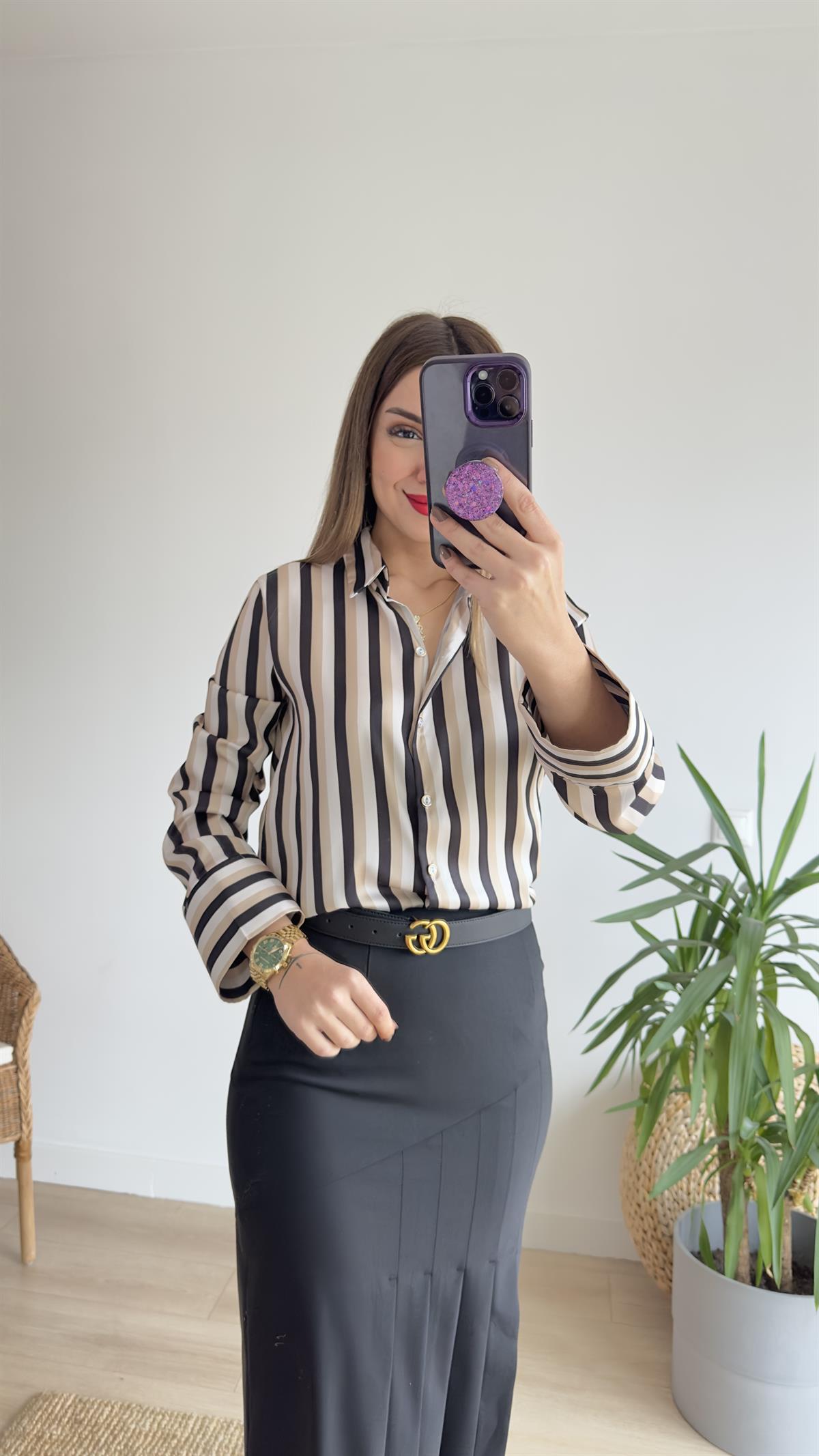 Zra Model Bej Siyah Saten Gömlek