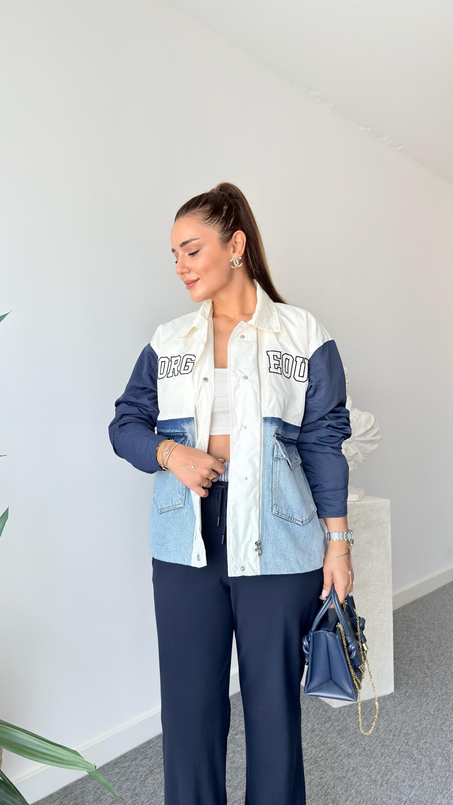 Lacivert Gorgeous Yazılı Garnili Ceket