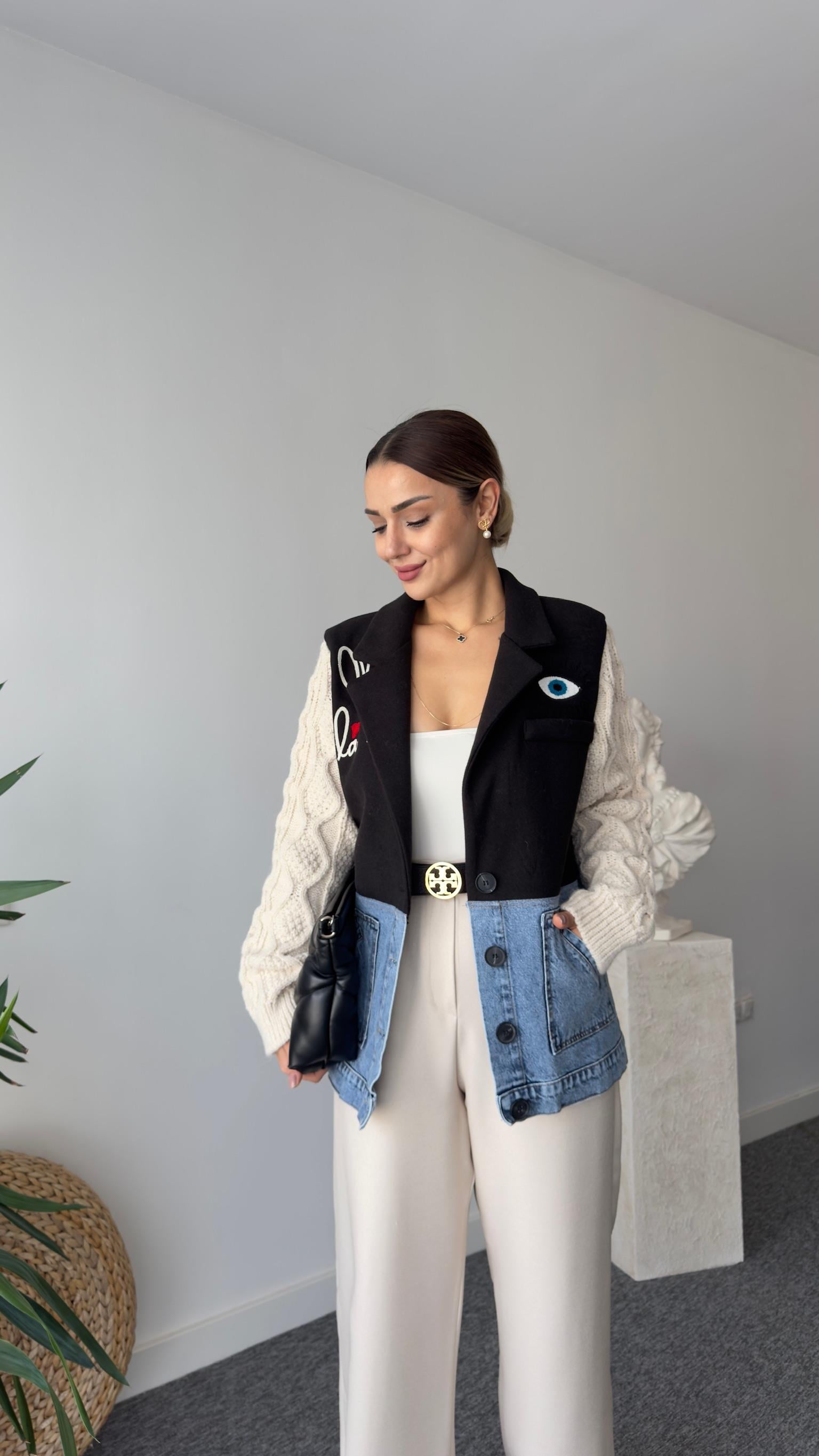 İthal Kollar Triko Detaylı İşlemeli Blazer Ceket