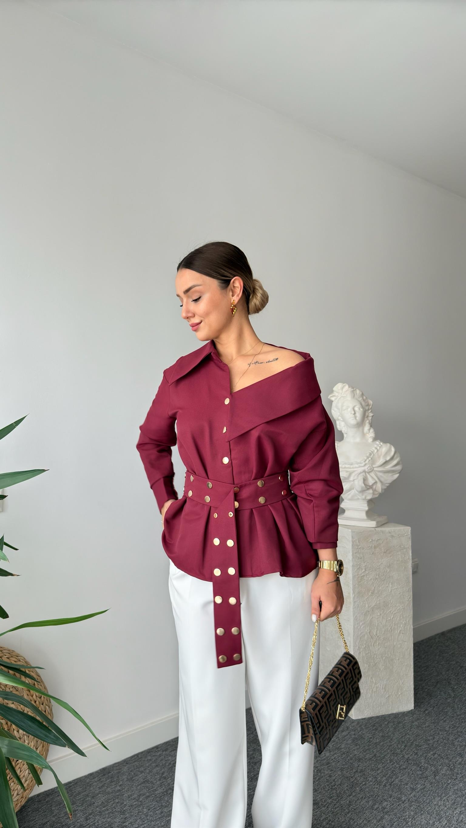 Dianes Marka Model Kemerli Tasarım Bordo Gömlek 