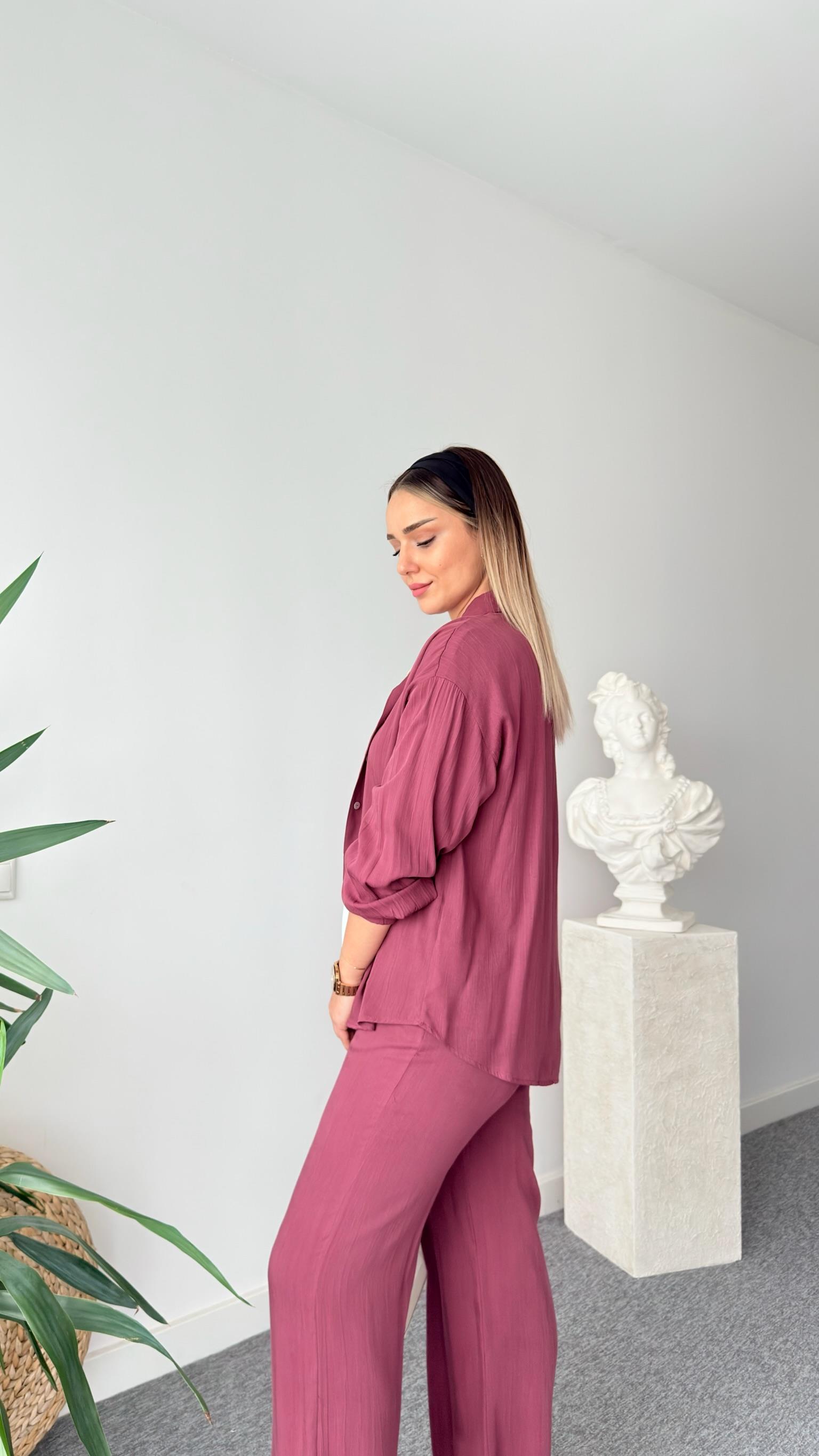 Bordo Rilla Gömlek Pantolon Takım