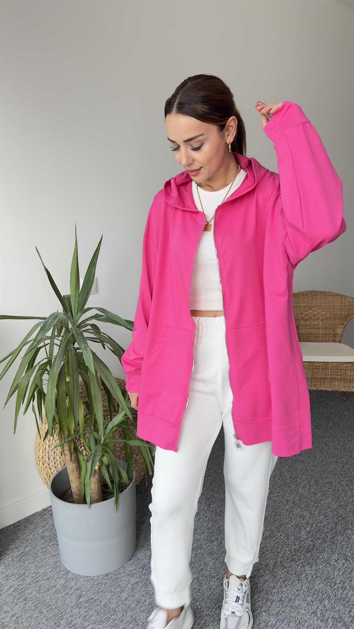 İki İplik Yanları Yırtmaçlı Fuşya Sweat