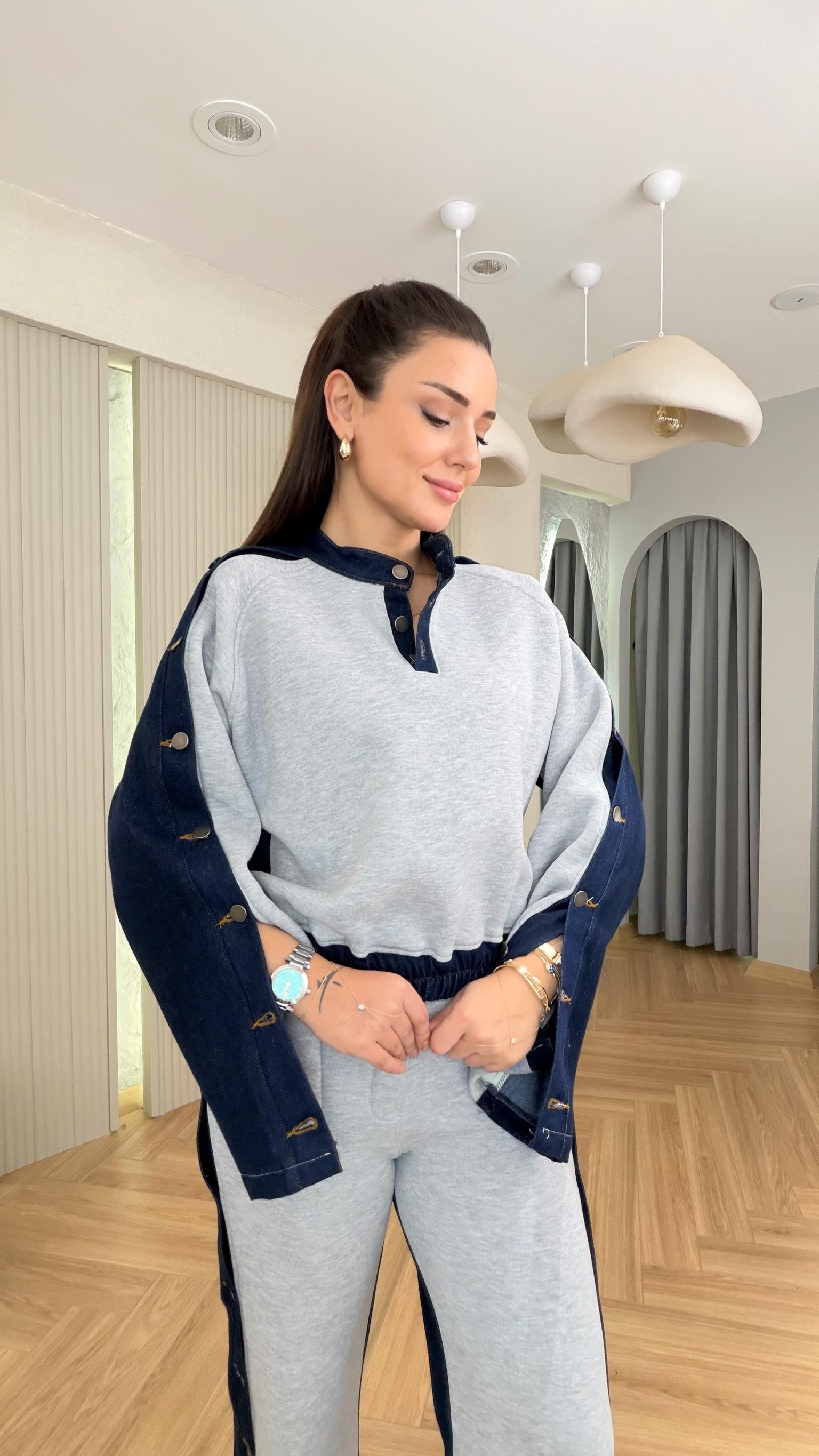 Gri Cres Yanlar Düğme Detaylı Garnili Takım