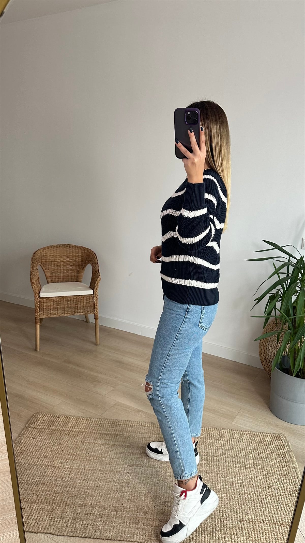 Lacivert Beyaz Çizgili Kazak