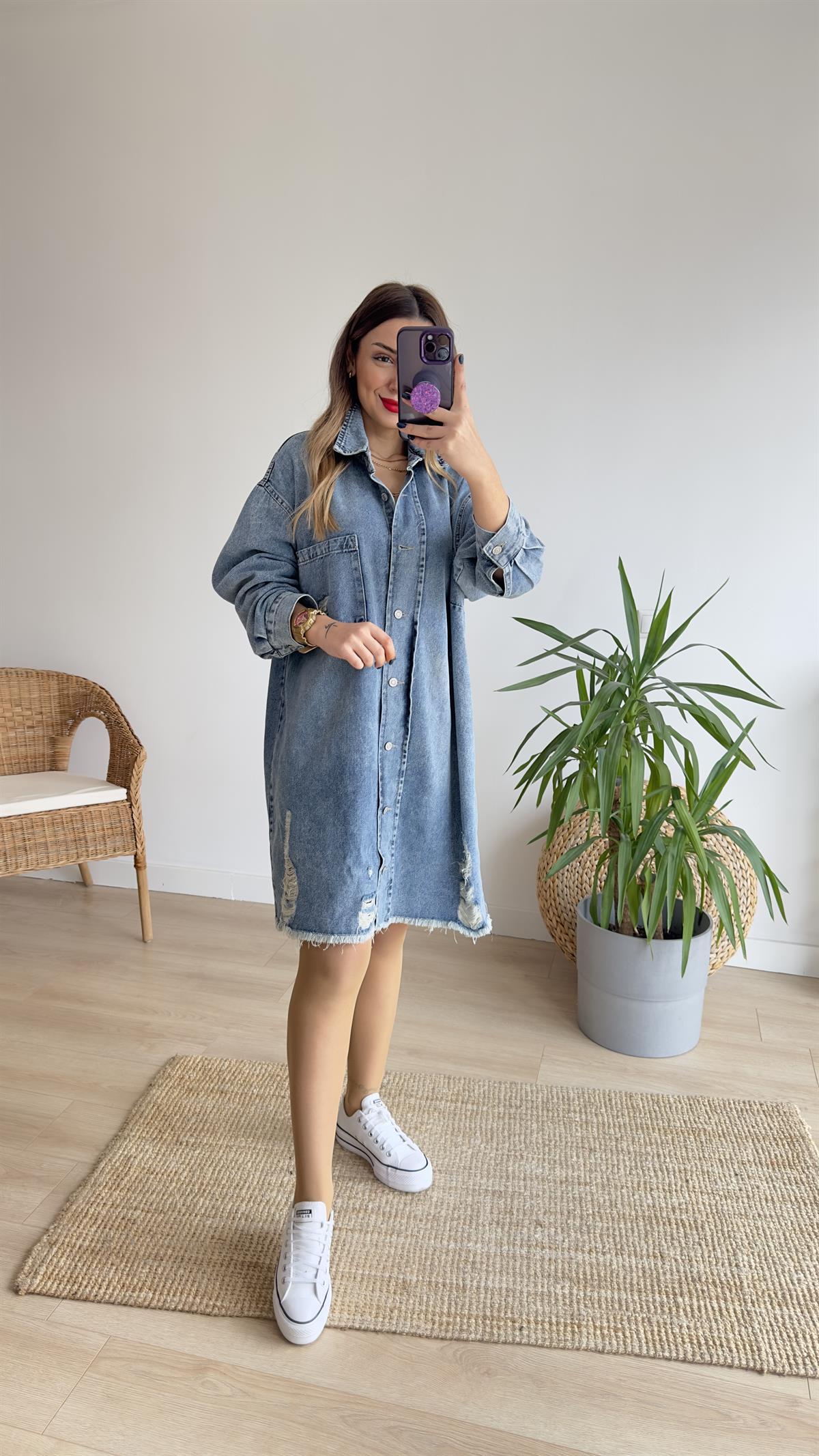 Yırtıklı Salaş Denim Elbise 