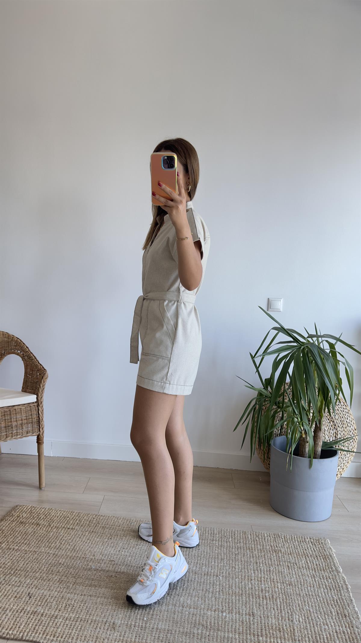 Auro Zra Model Bej Keten Şort Tulum