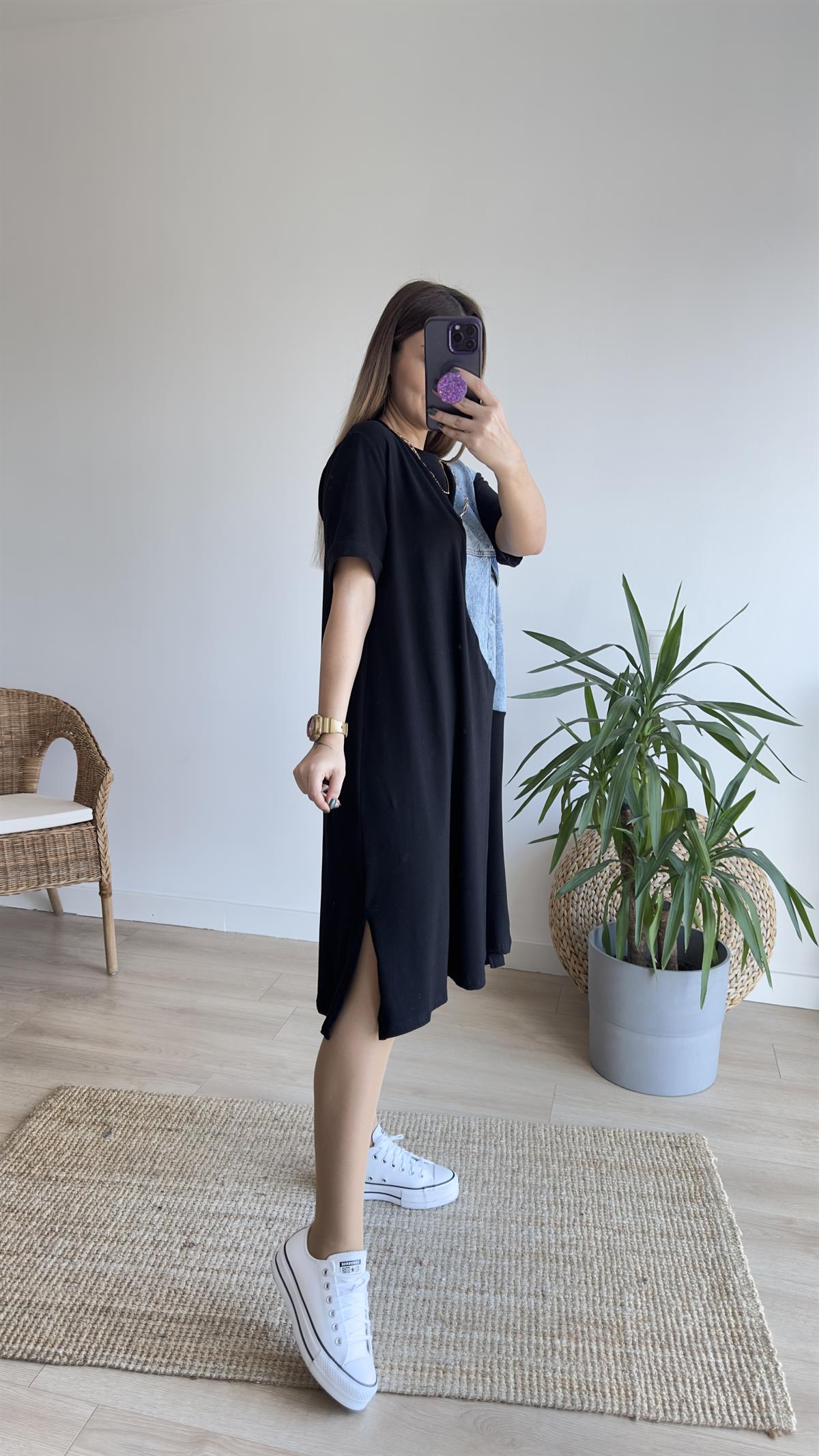 Kot Detaylı Siyah Basic Elbise 