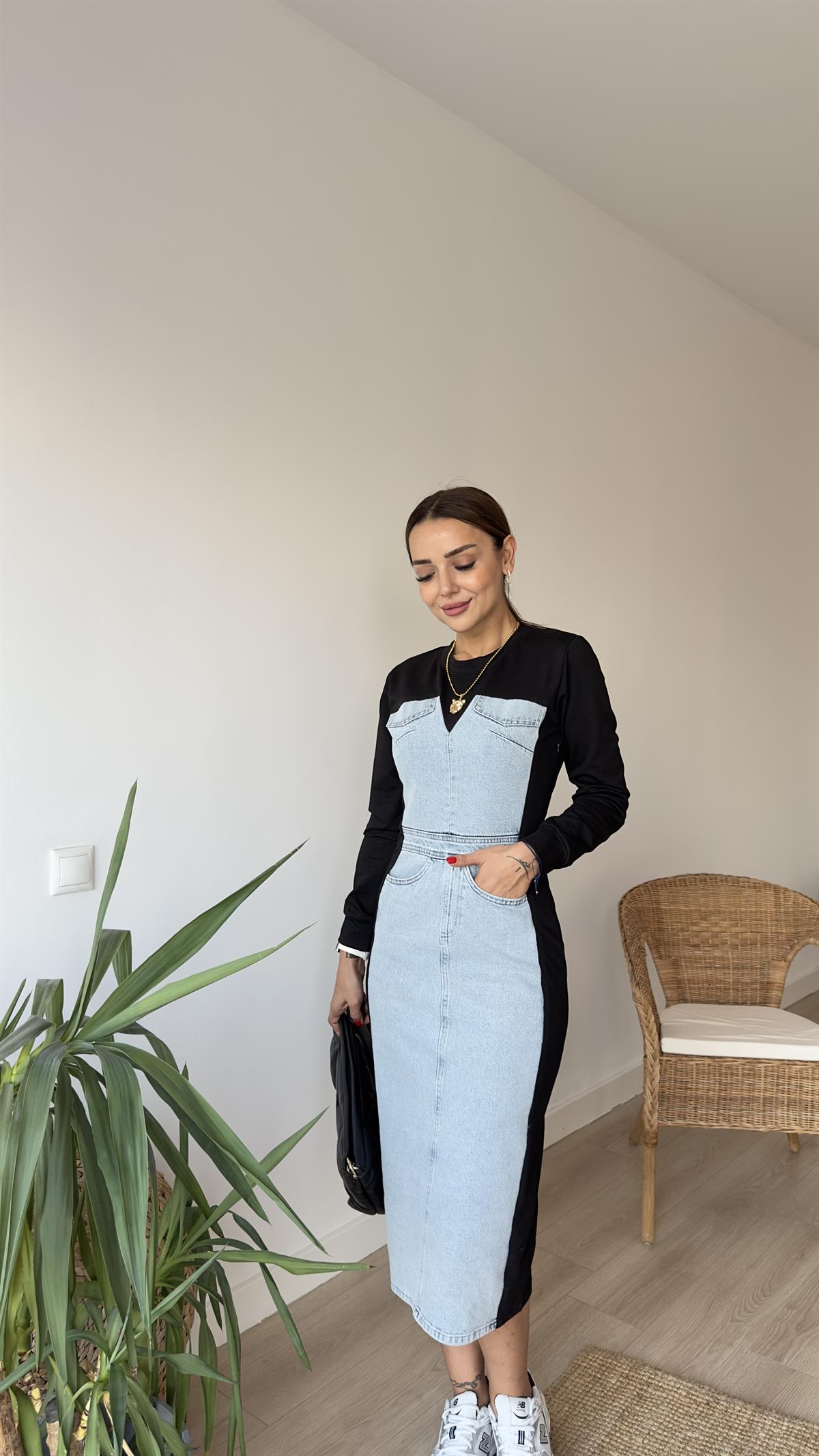 Orj Model Uzun Kol Kot Detay Tasarım Elbise