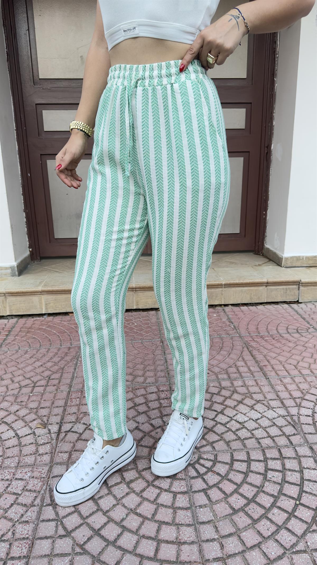 Yeşil Şeritli Örme Pantolon