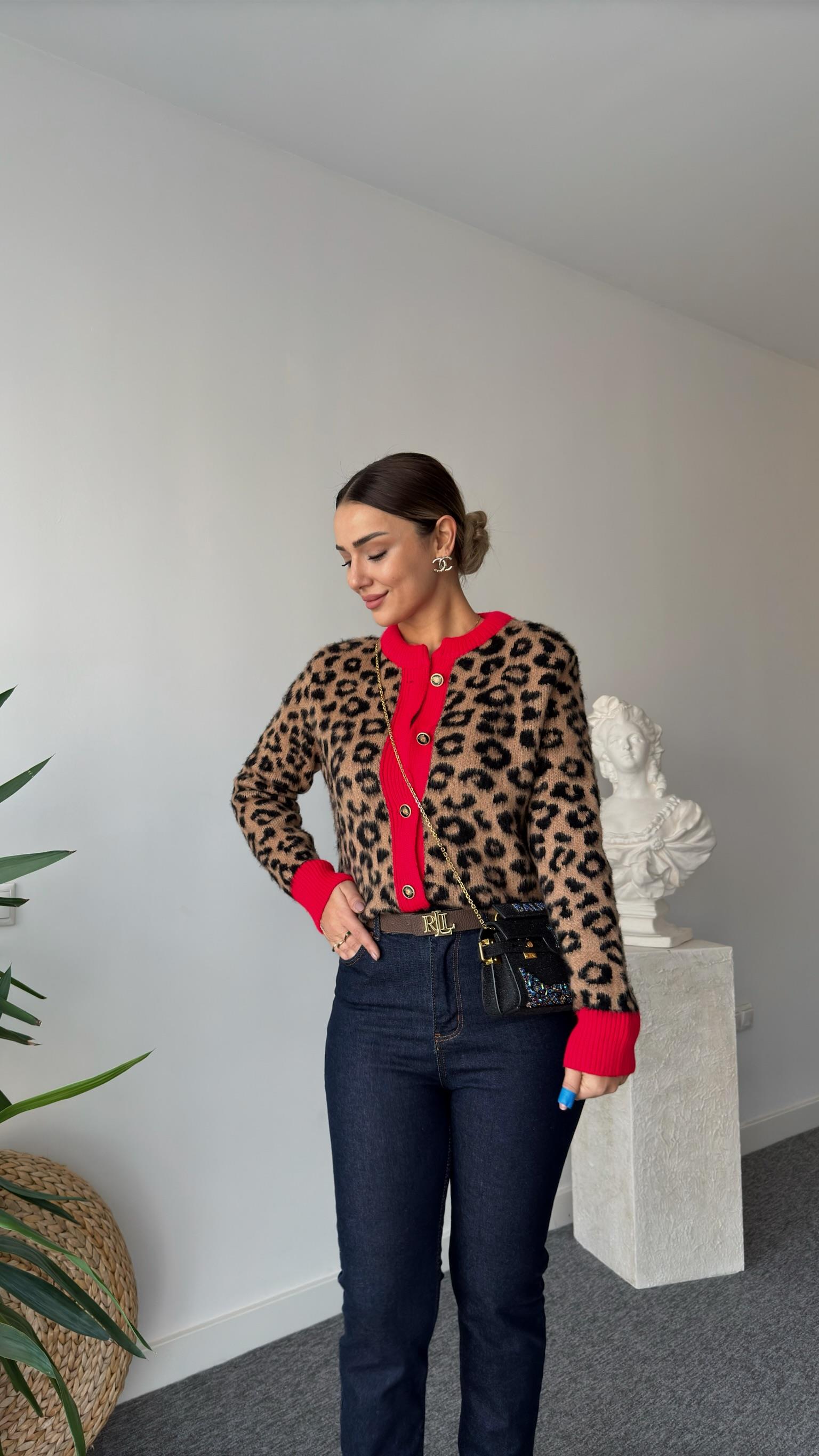 Mateo Kırmızı Şeritli Leopar Hırka