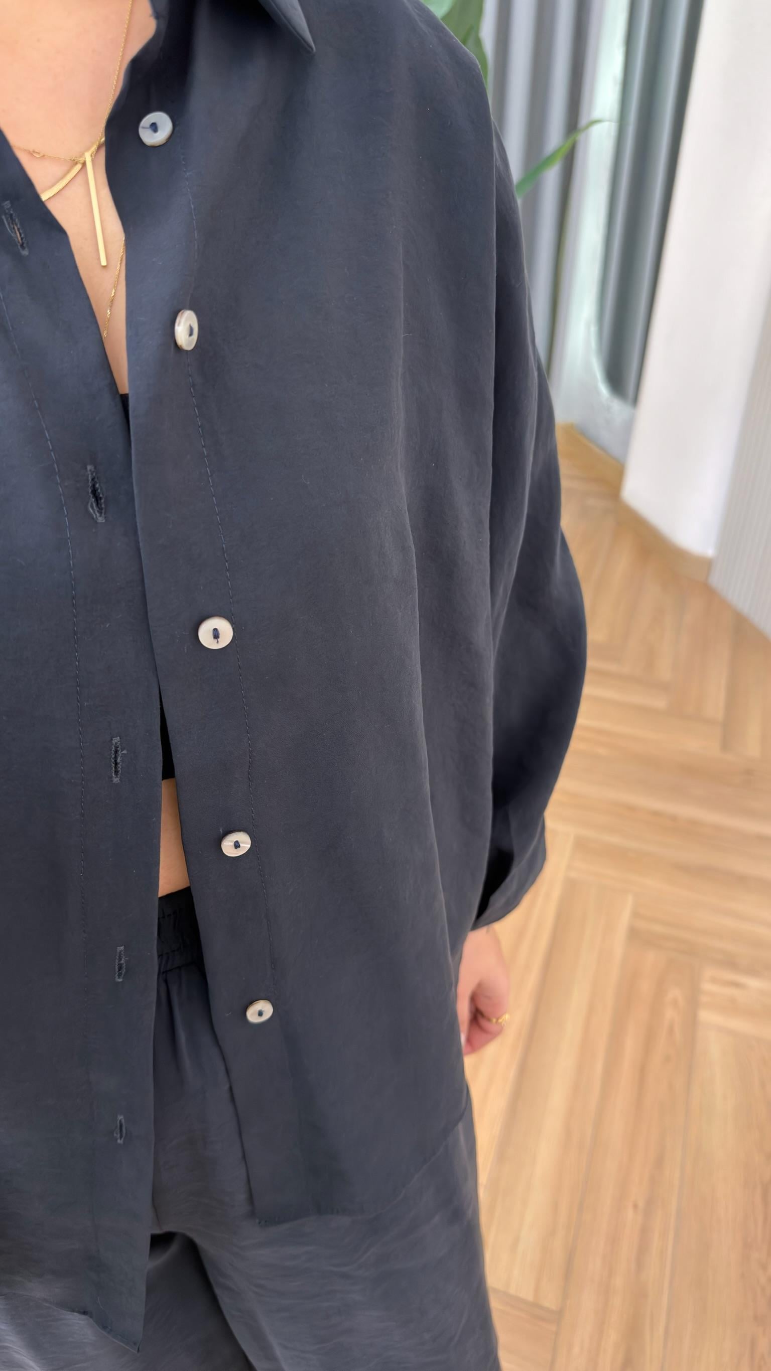 Siyah Odella Tensel Gömlek Pantolon Takım