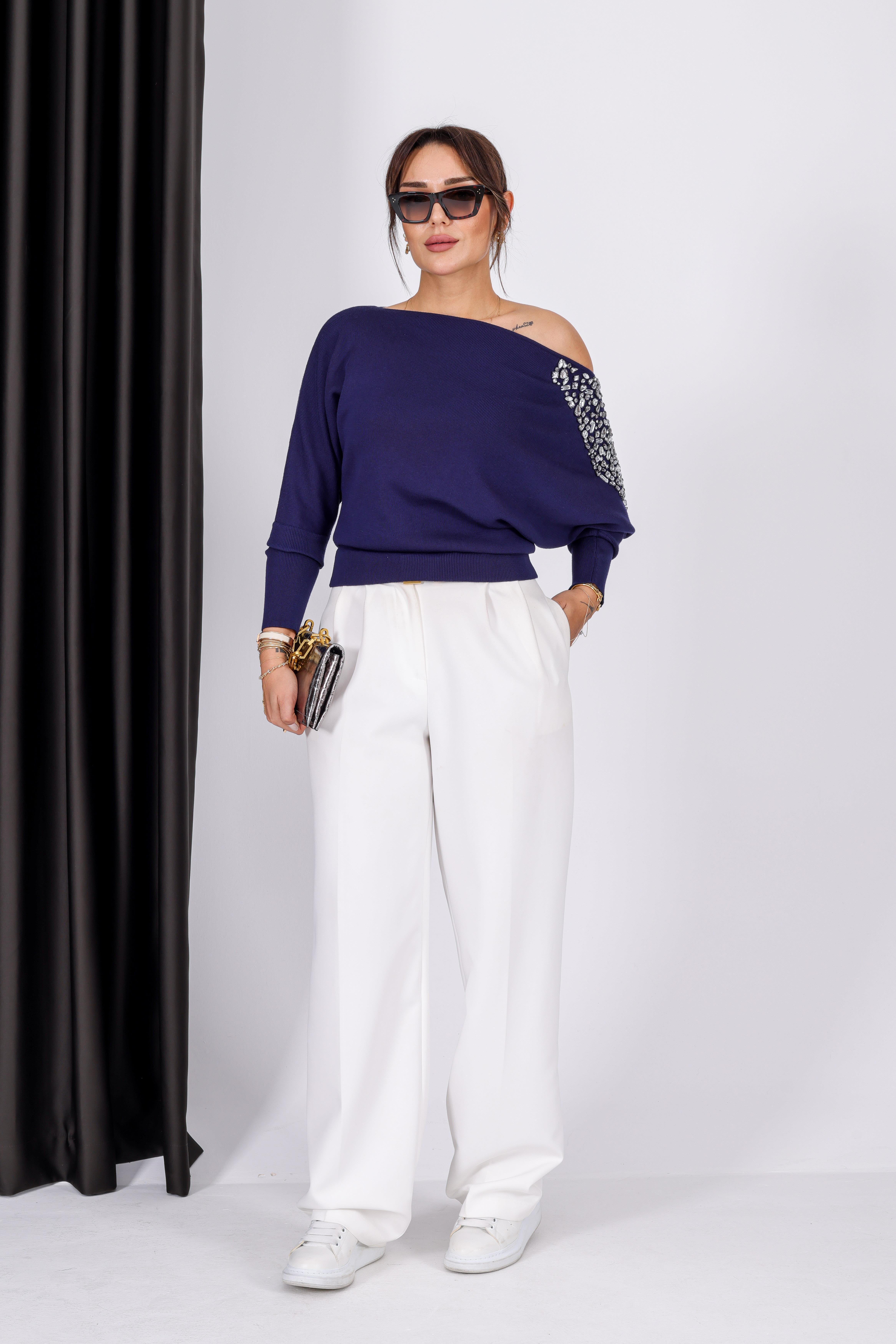 Lacivert Phalen Taş Detaylı Kazak 