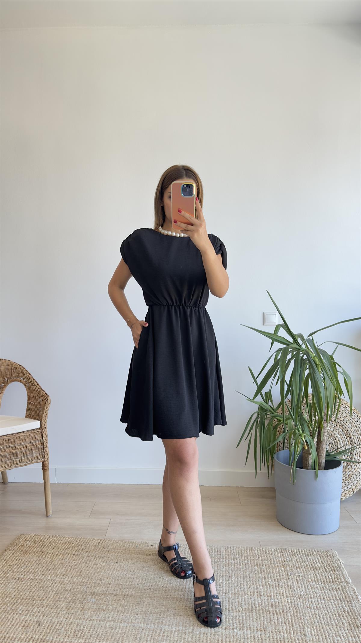 Coy Bel Büzgülü Siyah Basic Elbise 