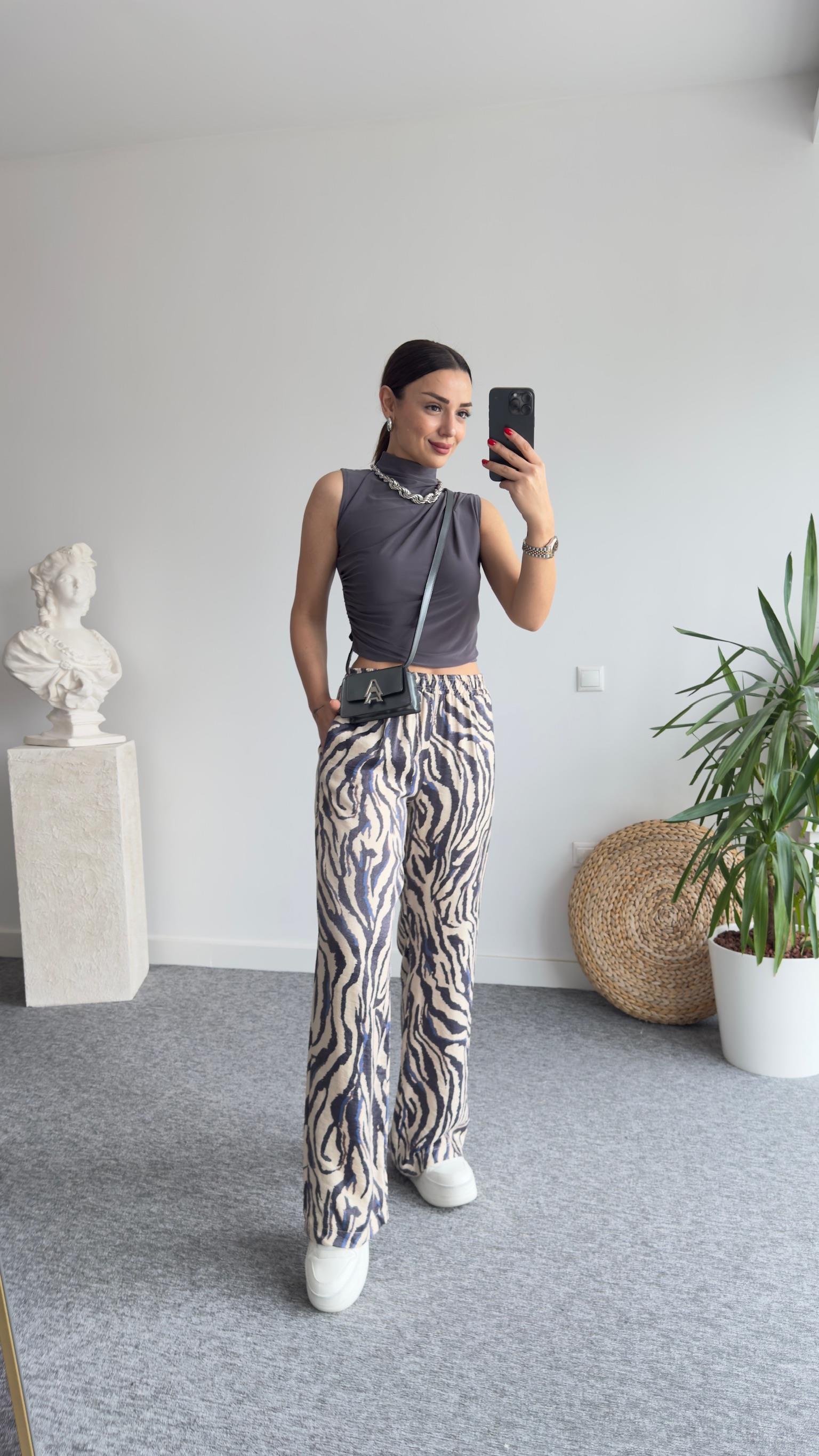 Mavi Zebra Desen Bel Lastikli Pantolon