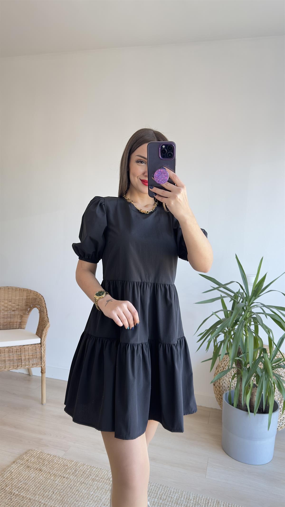 Sırt Pencereli Siyah Poplin Elbise