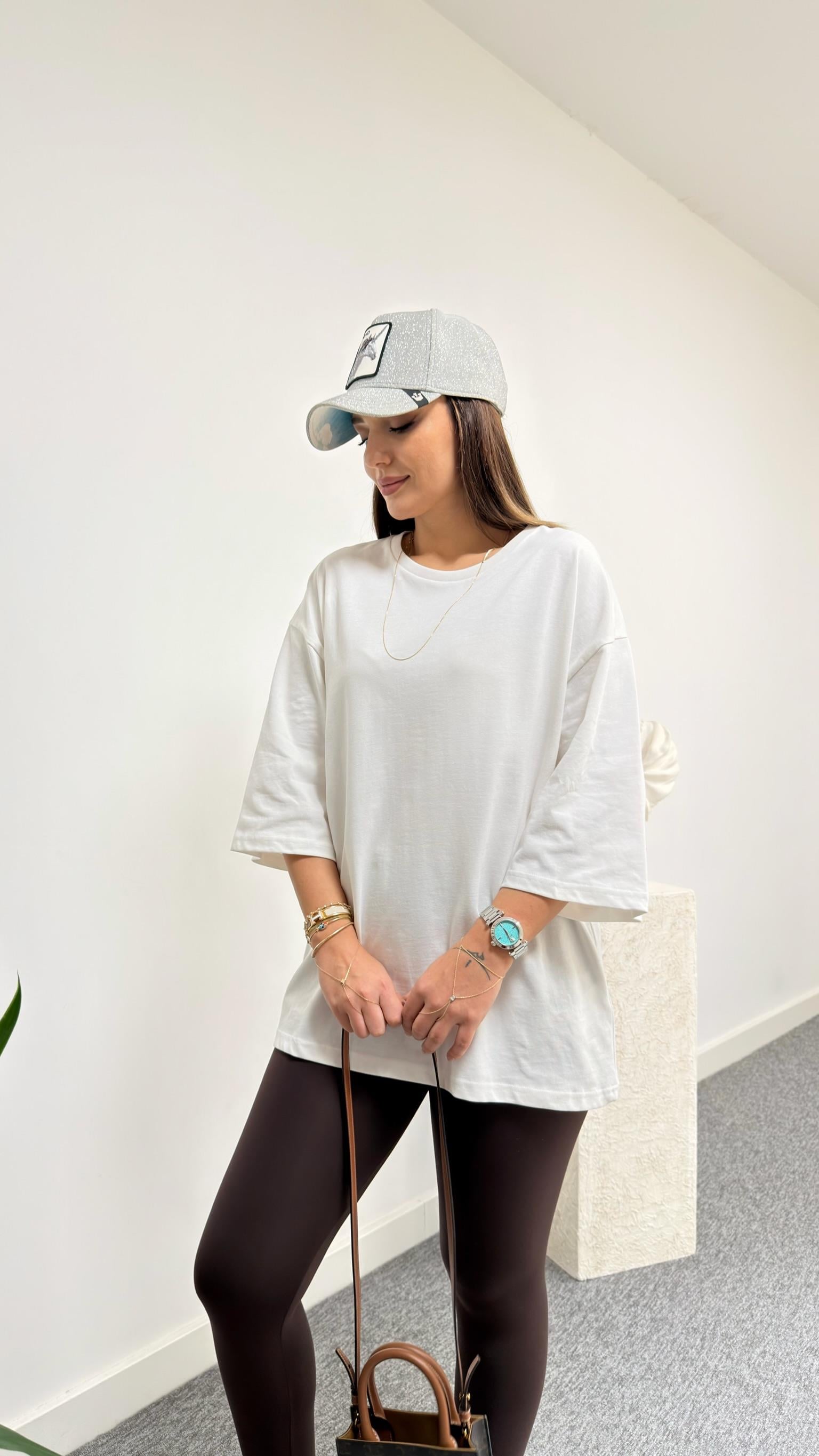 Beyaz Dera Bisiklet Yaka Basic Tshirt