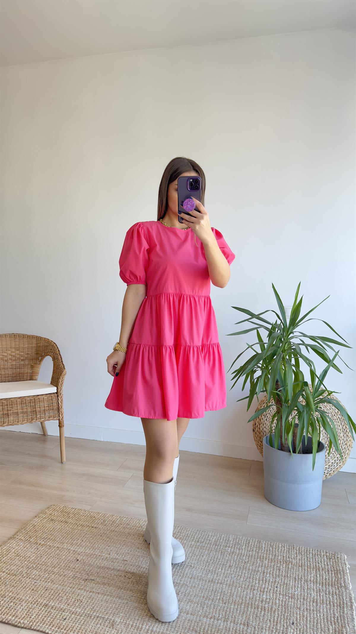 Sırt Pencereli Pembe Poplin Elbise