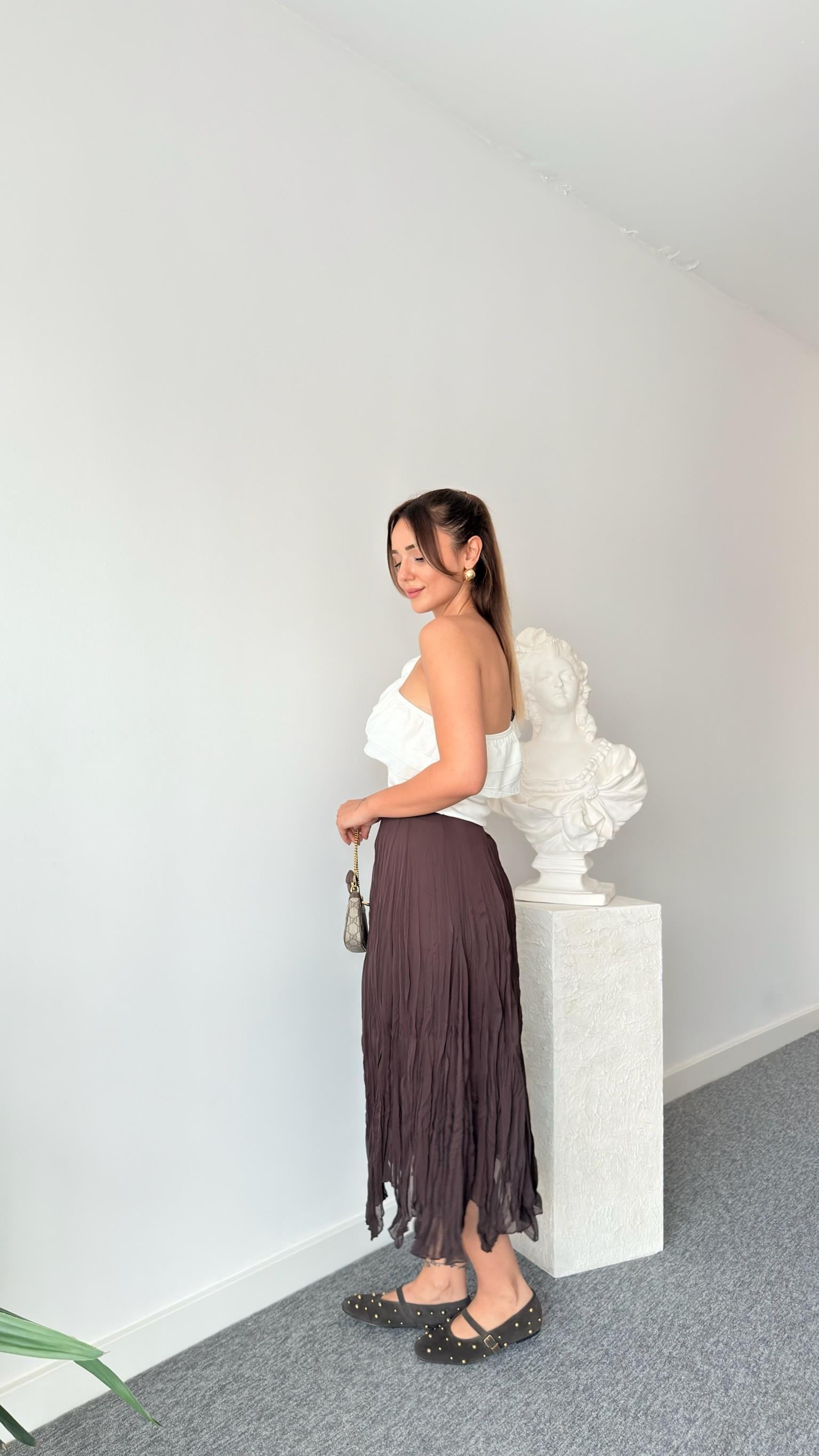Kahve Astarlı Asimetrik Şifon Etek
