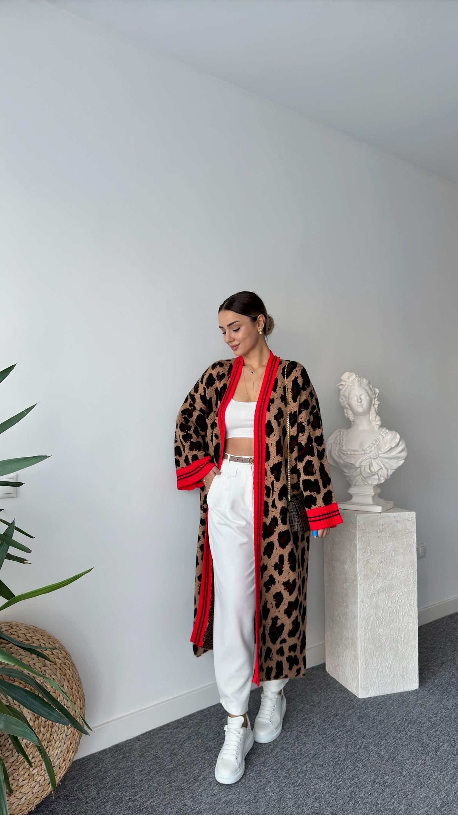 Jerome Şeritli Tok Doku Uzun Leopar Hırka