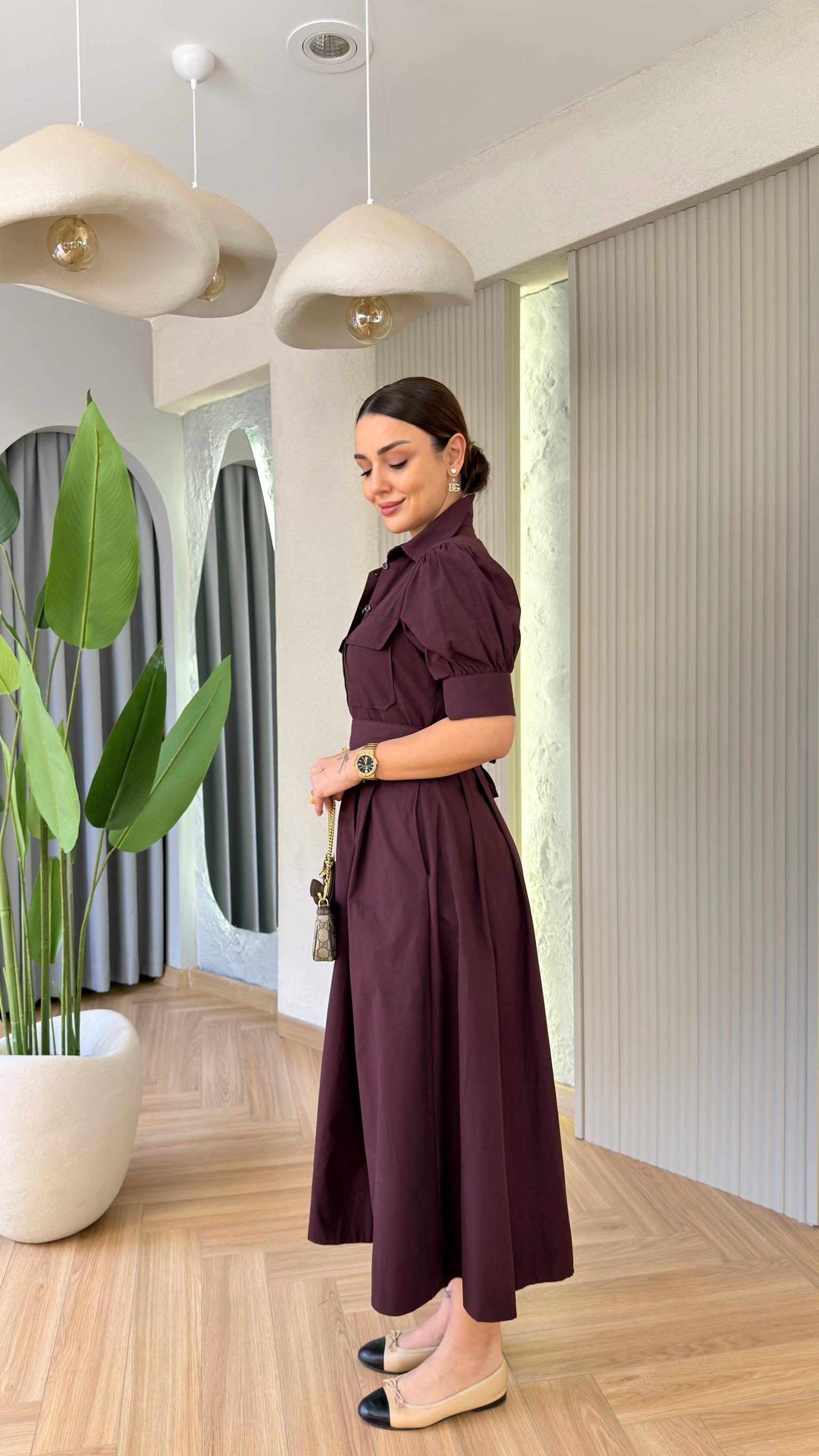Bordo Balon Kol Kuşaklı Poplin Elbise 