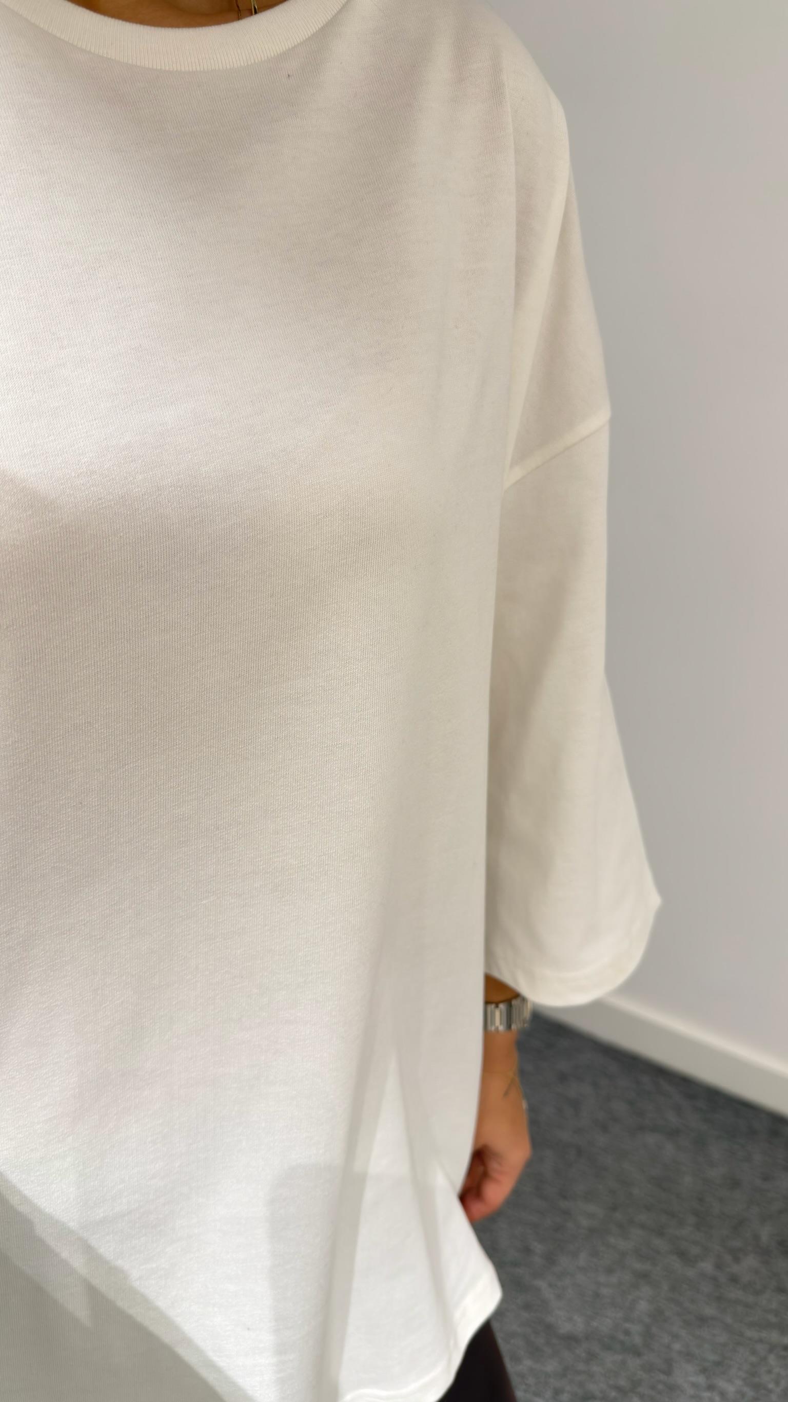 Beyaz Dera Bisiklet Yaka Basic Tshirt