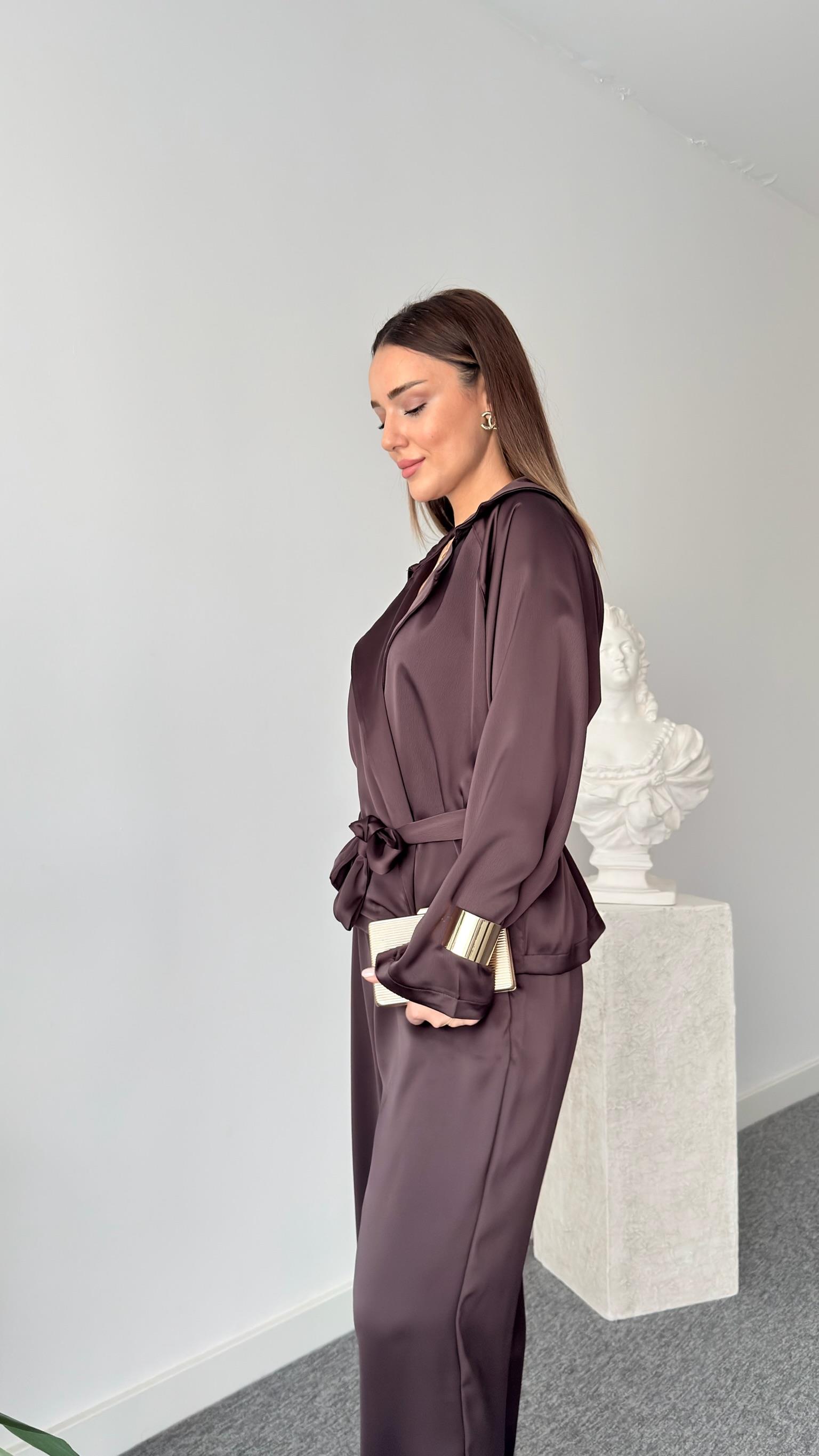 Kahve Biar Saten Bluz Pantolon Takım