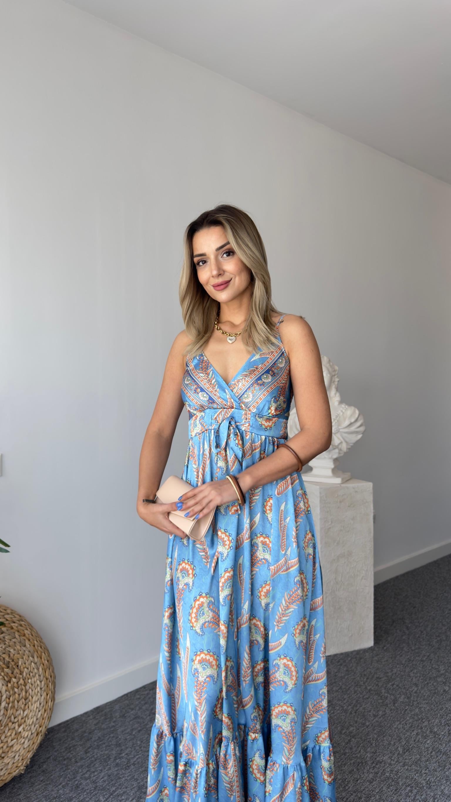 Mavi Etnik Desen Saten Premium Elbise