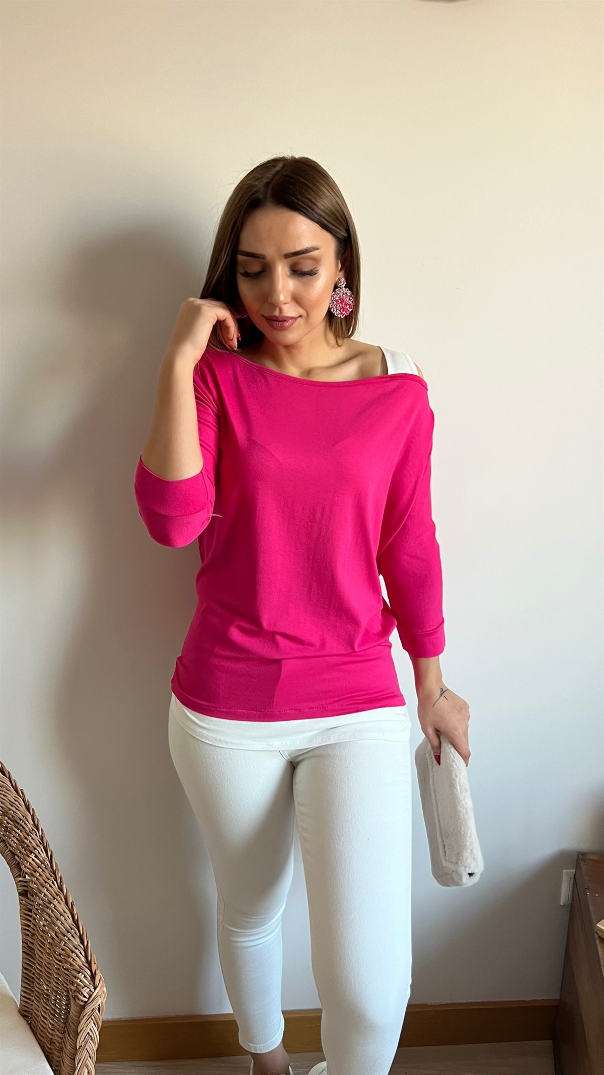 Omuz Detaylı Fuşya Bluz	