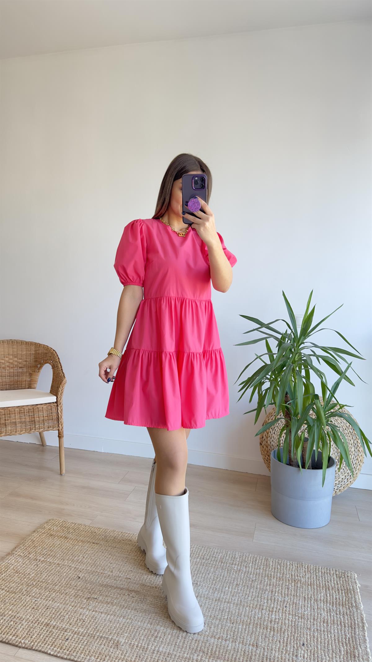 Sırt Pencereli Pembe Poplin Elbise