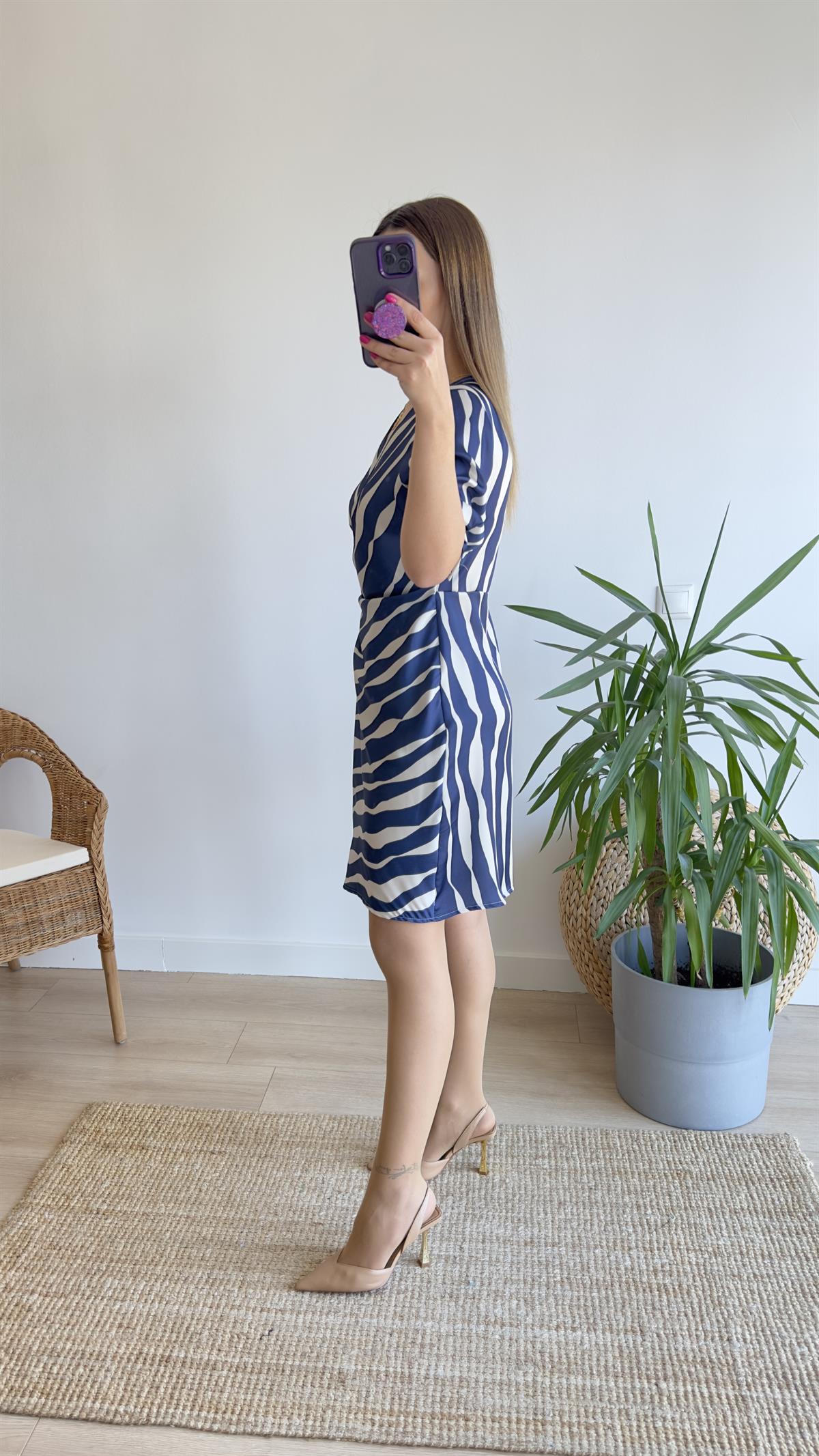 City İpek Saten Zebra Anvelop Elbise