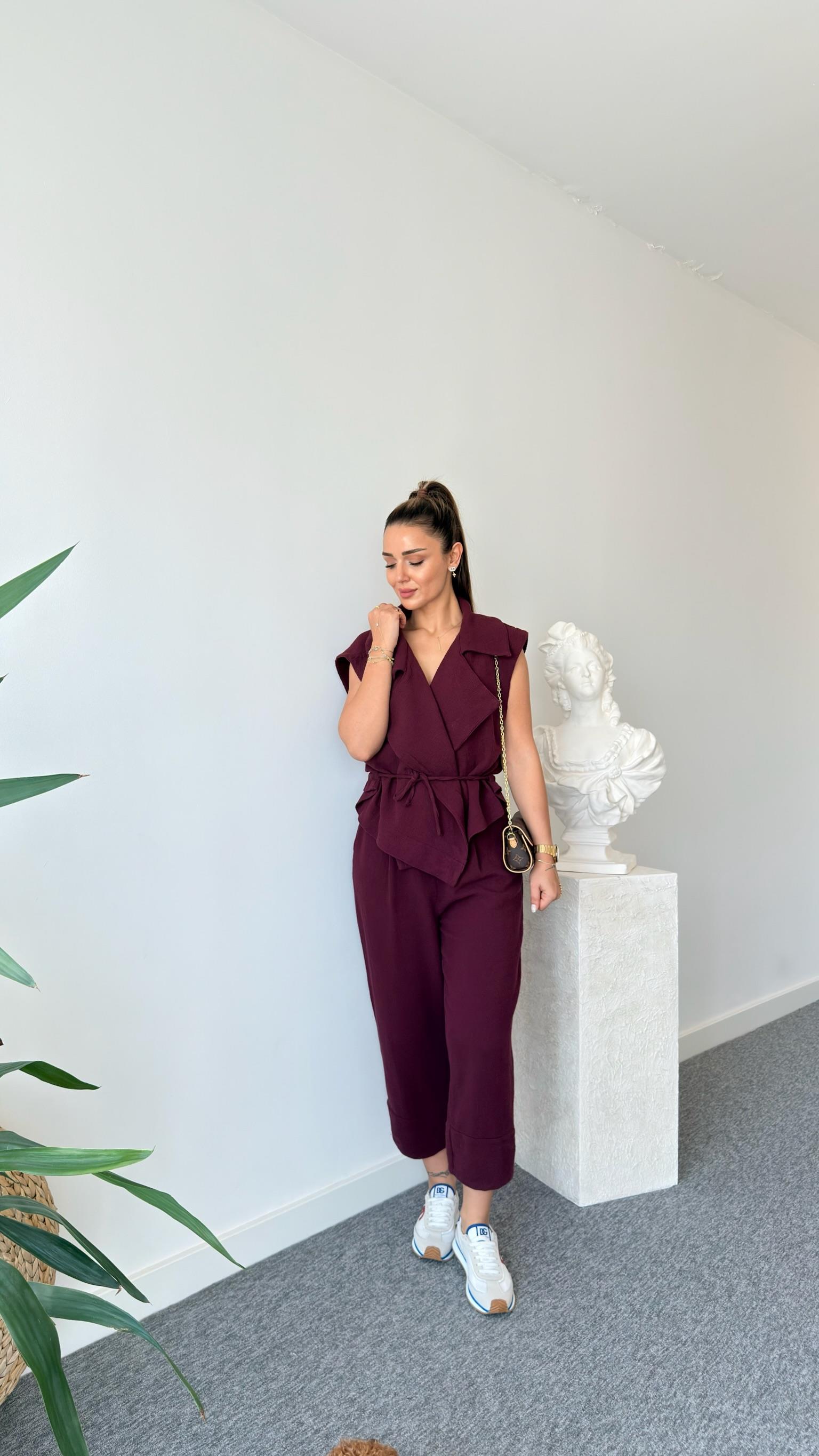 Bordo Weren Yelekli Keten Takım 