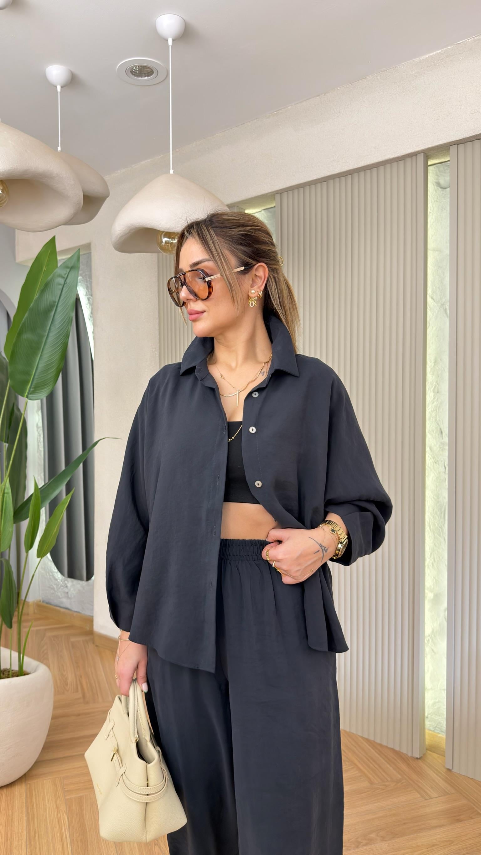 Siyah Odella Tensel Gömlek Pantolon Takım