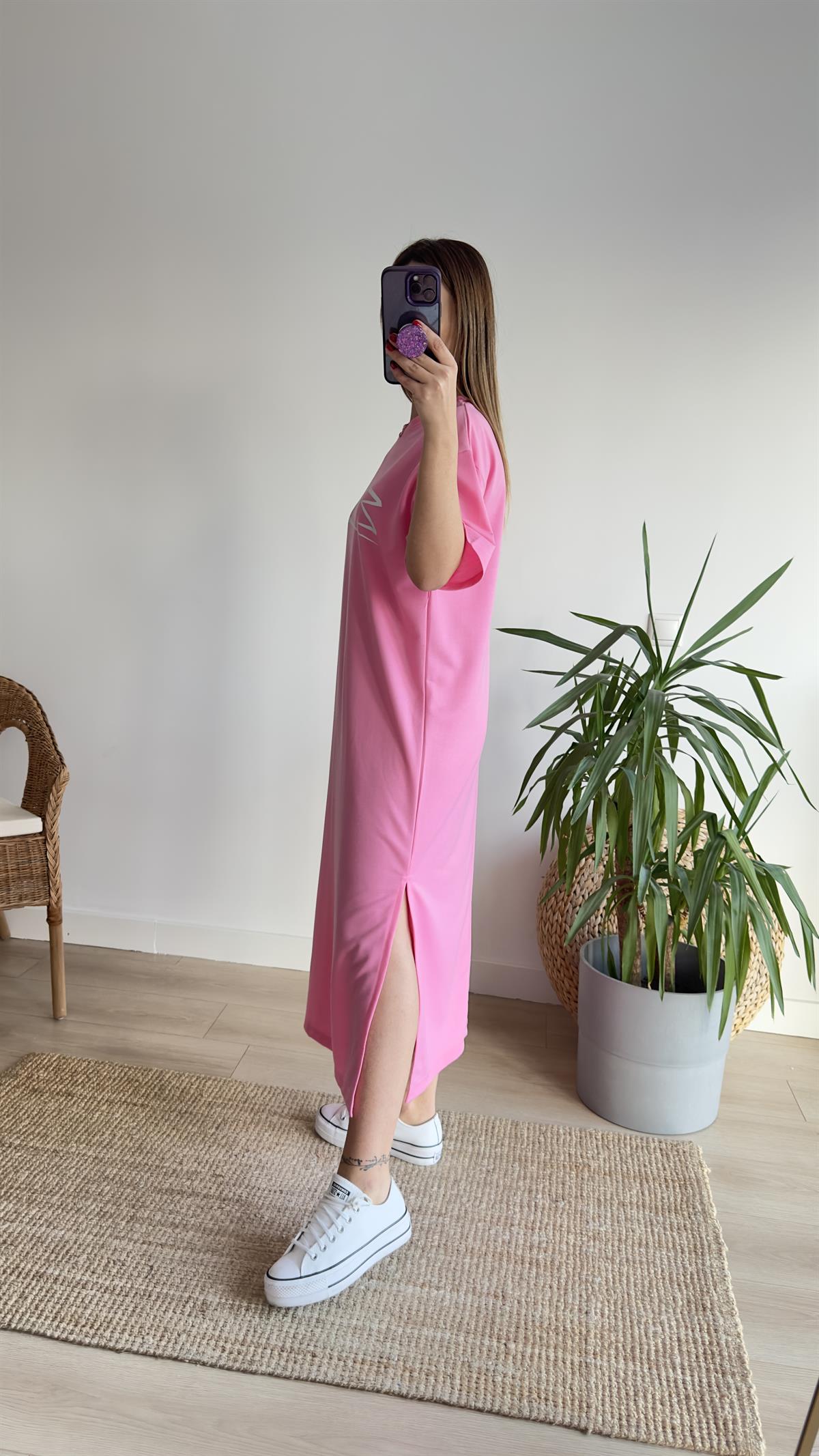 Camex Yazı Detaylı Pembe Elbise